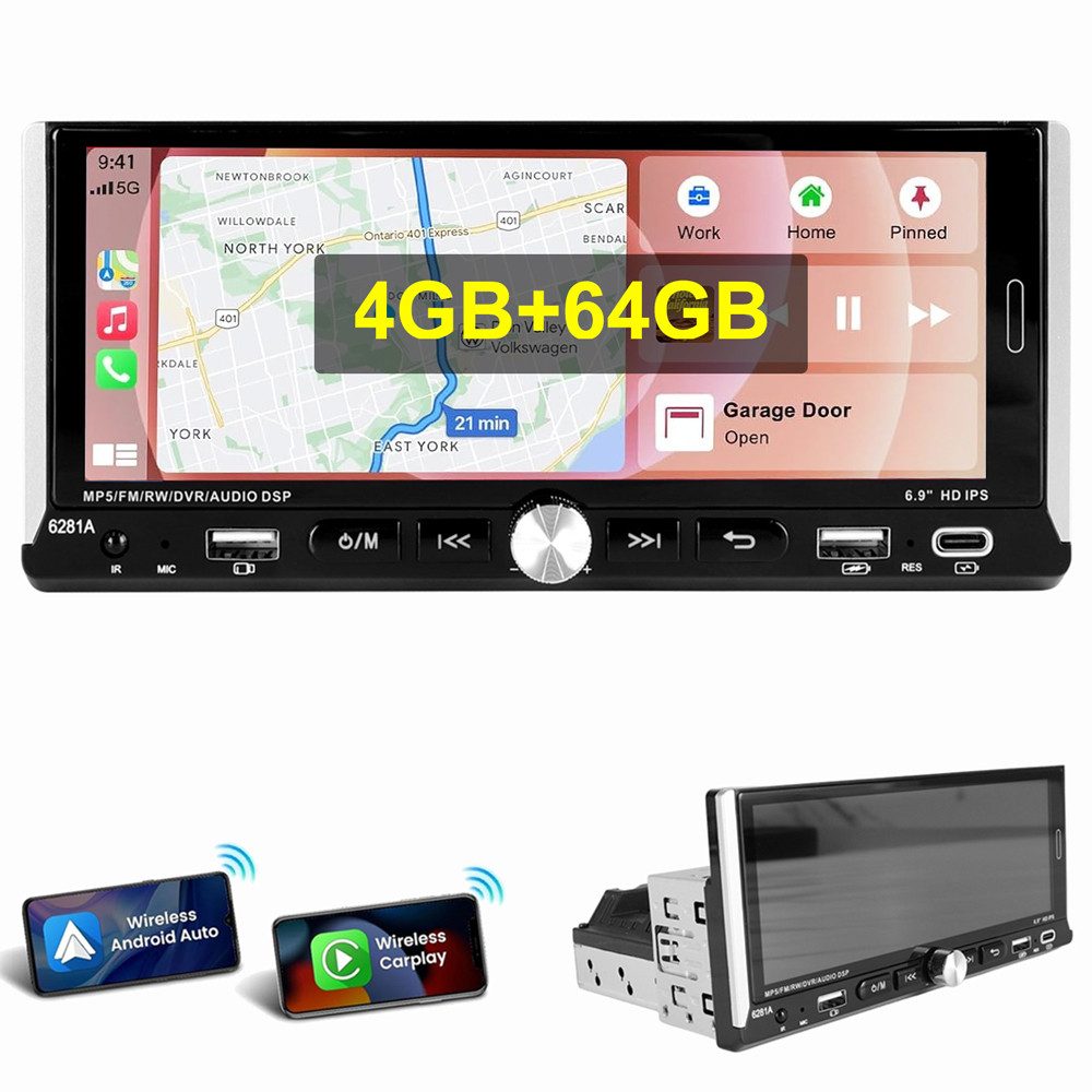 ESSGOO 4GB+64GB Single 1DIN Android 15 Apple Carplay Android Auto GPS WiFi Navigationsgerät (Carplay Android Auto Bluetooth FM AM RDS WIFI GPS)