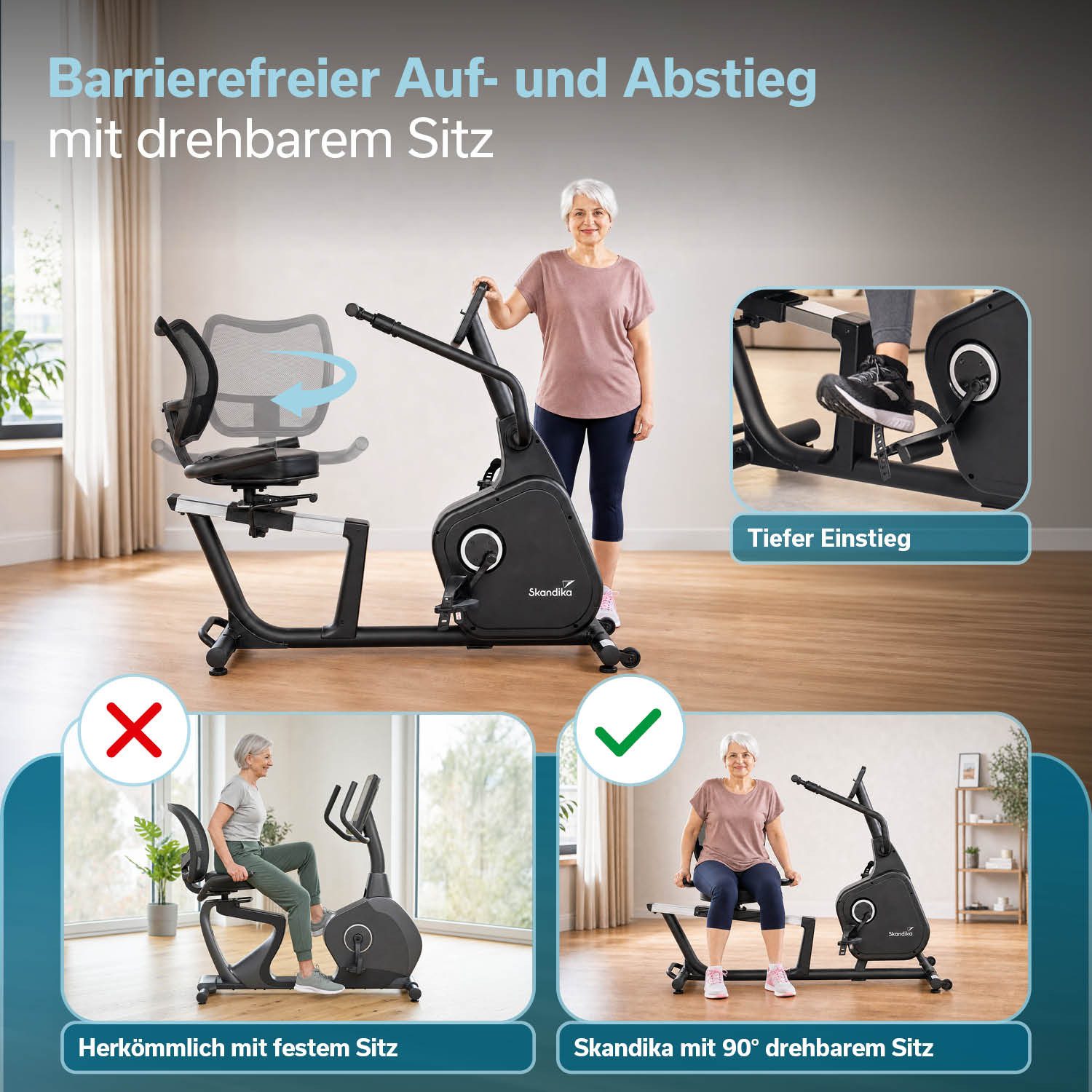 Skandika Heimtrainer Cykling P12 Comfort, Liege-Ergometer, mit drehbarem Sitz, Computer (Fitnessbike für Senioren, bis 120 kg, Bluetooth, App-Verbindung), Kinomap, Maße 149 × 86 × 114 cm, Transportrollen, Handpulssensoren