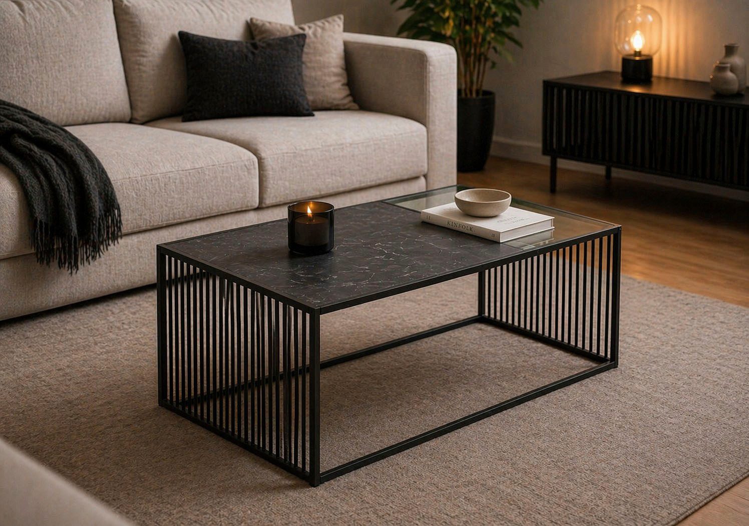 ACTONA GROUP Couchtisch Strington, Marmoroptik schwarz - modern & stilvoll, pflegeleicht (Couchtisch, Beistelltisch, Kaffeetisch), OTTOs Choice, Glasplatte & Metallgestell, verschiedene Formen