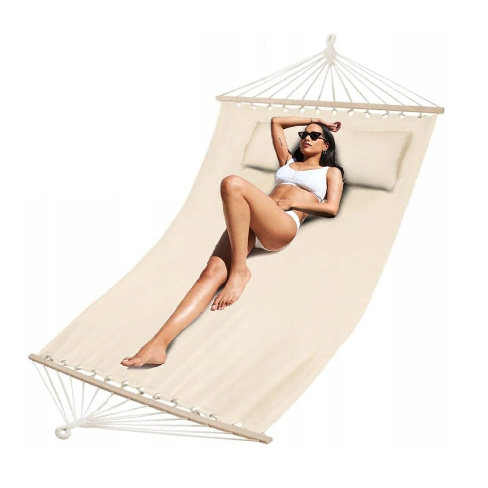 QLS Hängematte Doppel mit Kissen – 200x150 cm, für 2 Personen – Beige 200 kg Tragkraft Beige im Boho Stil