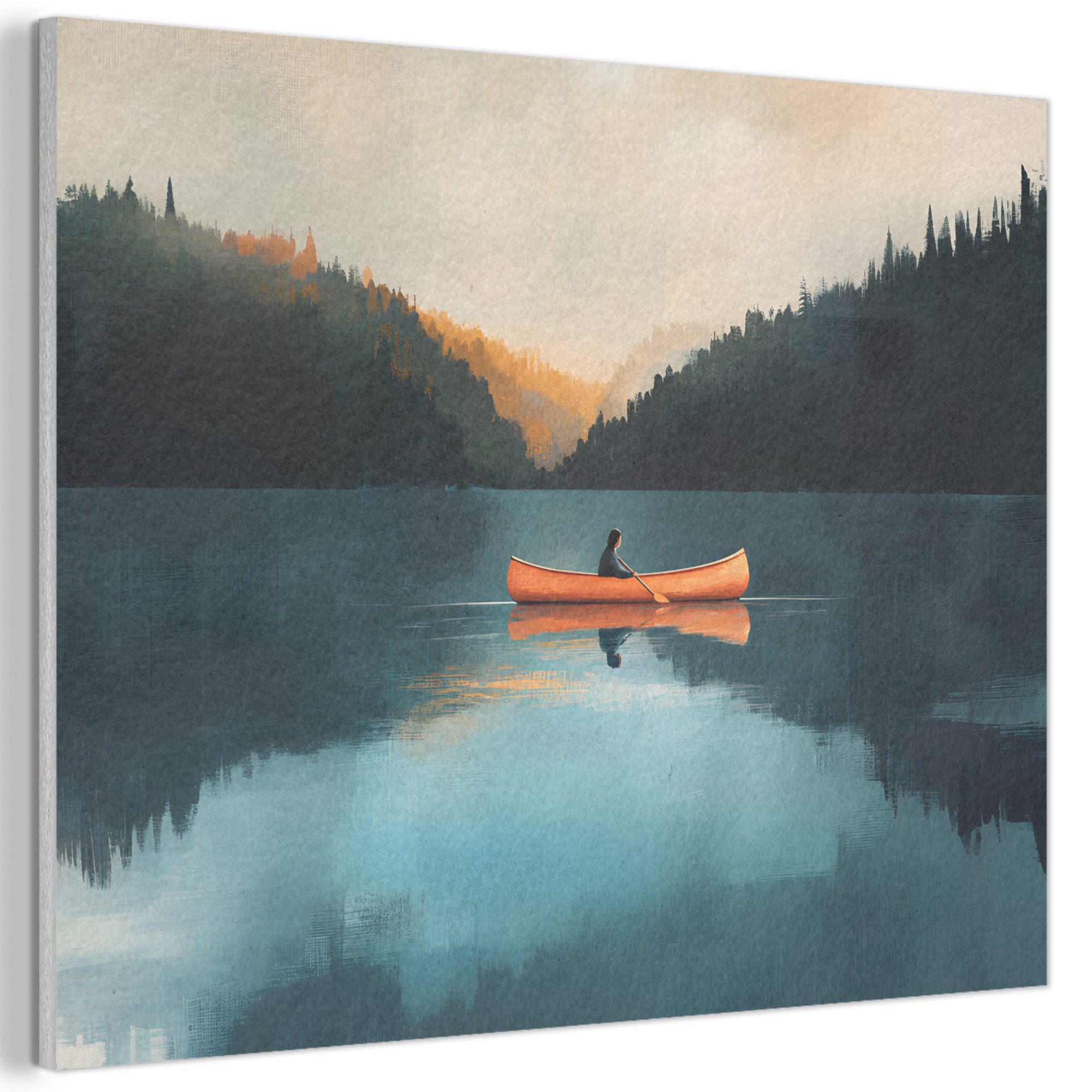 MuchoWow Gemälde Wälder - See - Kanu - Orange, Fotodruck (1 St), Akustikpaneele PET-Filz, Akustikbild, Schalldämmung, Deko 40x30 cm