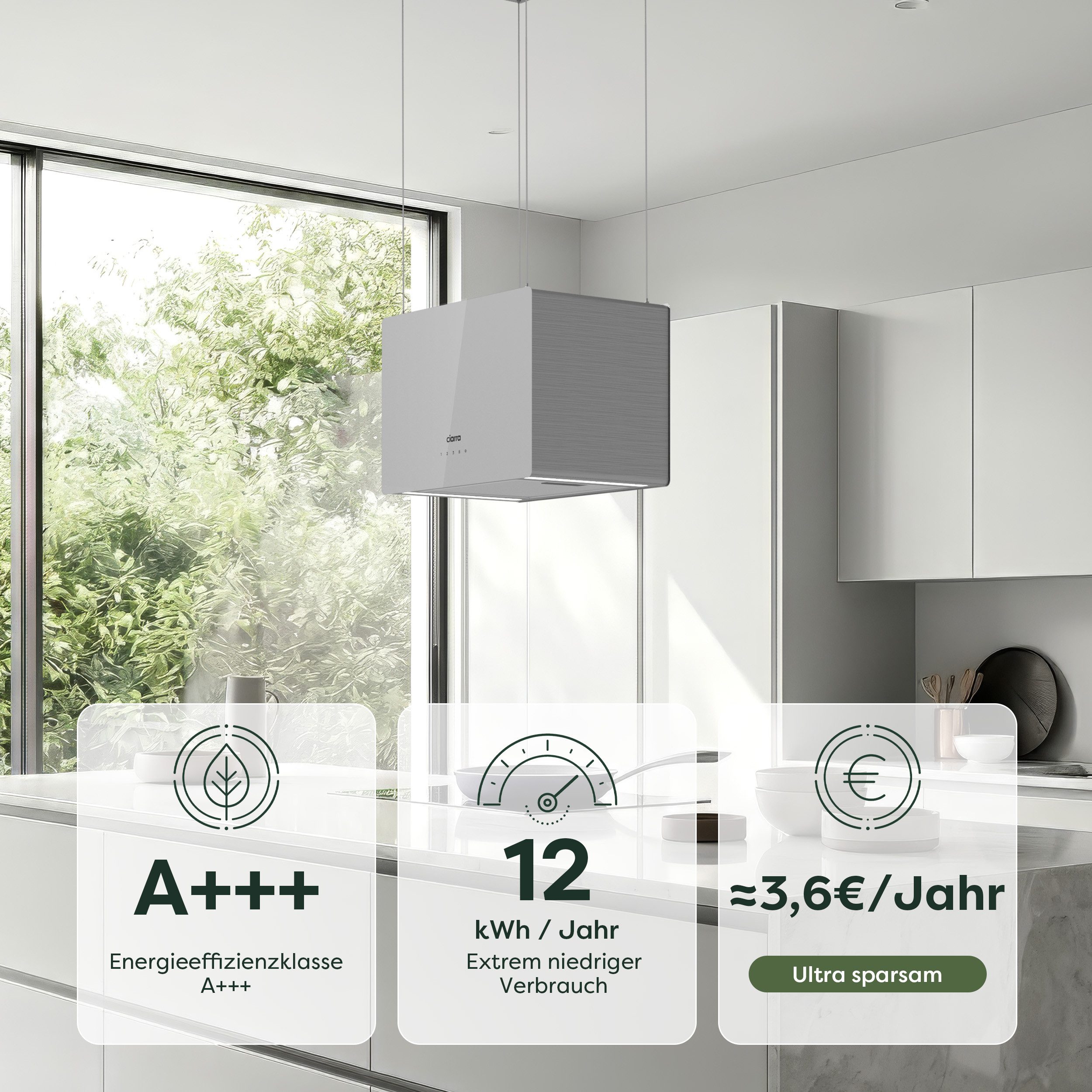 CIARRA Inselhaube 48 cm A+++ 700 m³/h hohe Saugleistung WIFI-APP Touch Control CBCS4850 48 cm A+++ 700 m³/h hohe Saugleistung WIFI-APP Touch Control CBCS4850, Leise Dunstabzugshaube freihängend Umluft Inkl. BOOST 4 Stufen mit LED