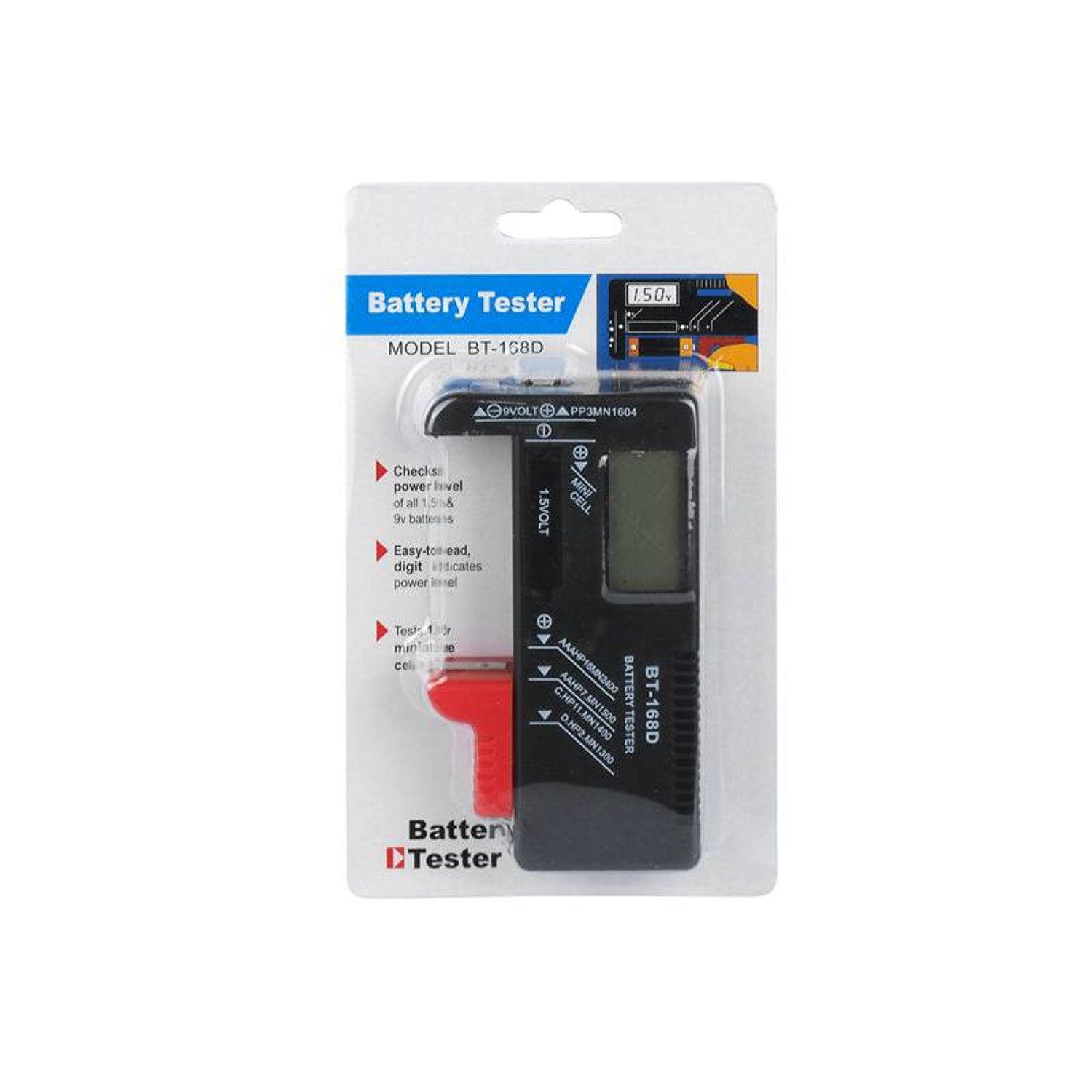 Lamex Batterietester LXM265 Digitaler LCD-Batterie- und Akkutester, AA, AAA, C, D, 9 V sowie Knopfzellen