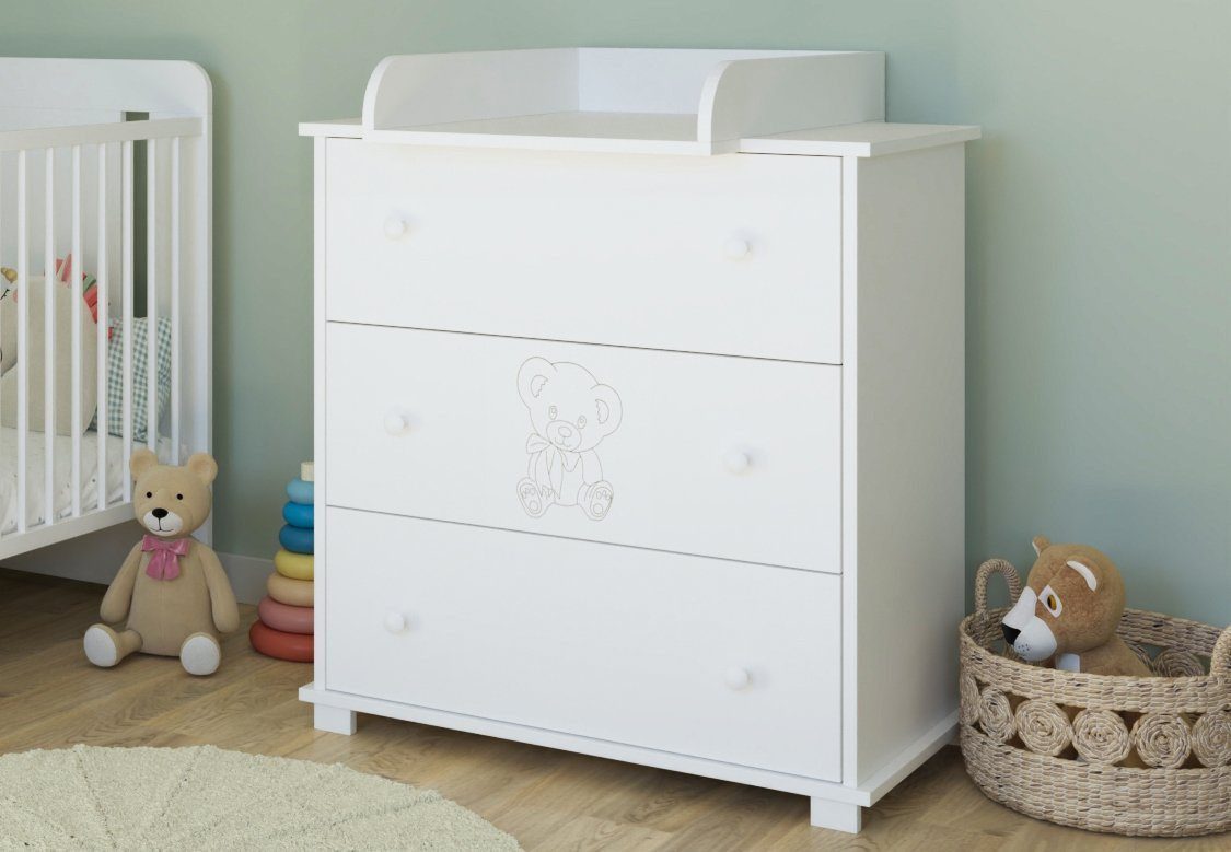 Kids Collective Wickelkommode Kommode Wickeltisch mit Wickelaufsatz mit 3 Schubladen, Teddy Gravur in weiss Made in Europe