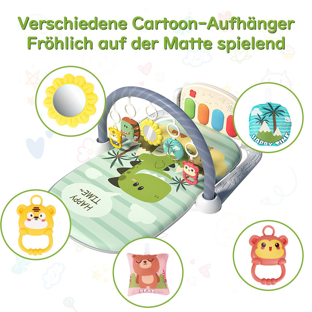 Krabbeldecke Spielmatte mit Spielbogen Baby Lernmatte Spieldecke Erlebnisdecke, MOPUEA, mit Klavier, Licht, Musik, Spiegel Lernspielzeug Waschbar