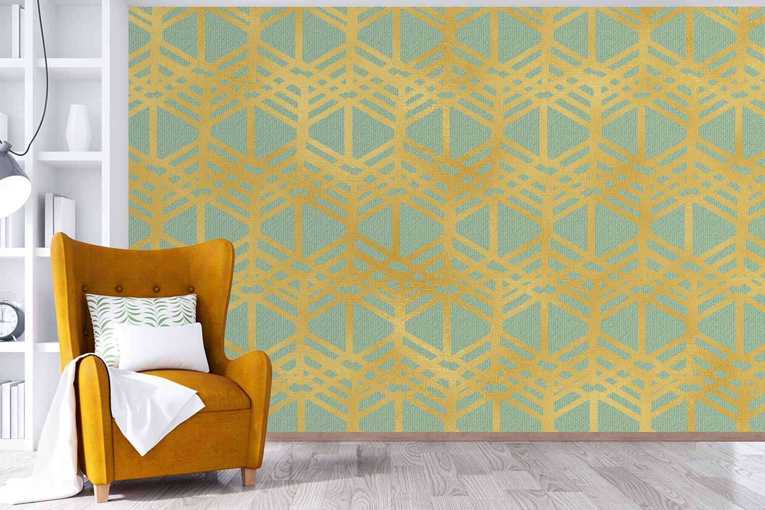 - Wohnzimmer, Vinyl Matt, - Tapete bedruckt, - Grün für Wallpaper MuchoWow Gold Muster Luxus, Schlafzimmer, Kinderzimmer, Fototapete (6 St),
