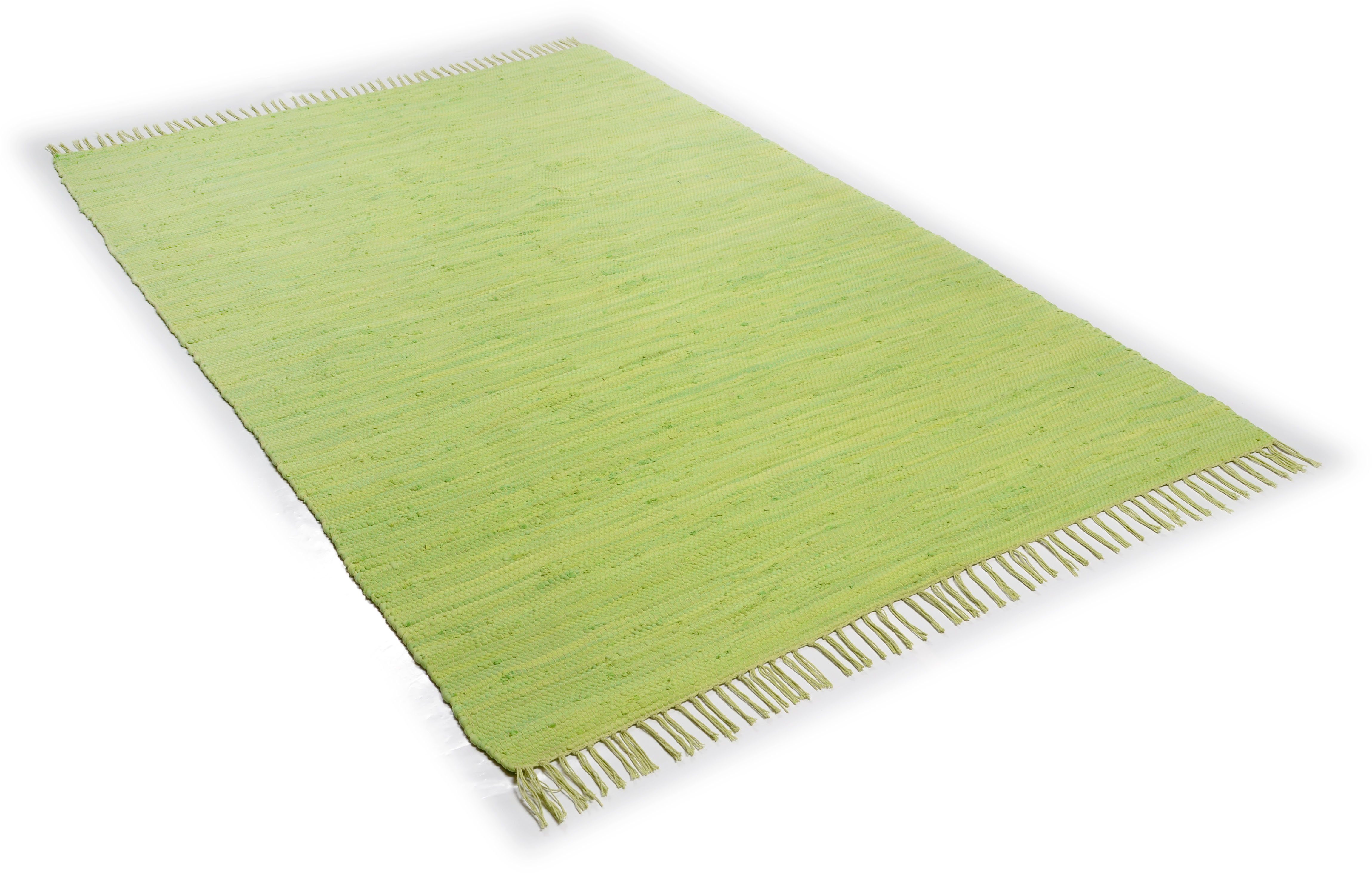 Teppich handgewebt, Höhe: Happy Baumwolle, THEKO, reine Flachgewebe, 5 Cotton, mit grün Handweb rechteckig, mm, Fransen Teppich,