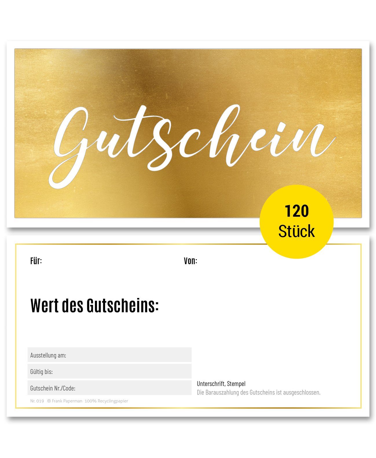 Frank Paperman Geschenkkarte Gutscheine & Terminkarten, Goldfolienprägung, Stempelfeld, 100 % Recyclingpapier, Geschenkgutschein, Danke, Geburtstag