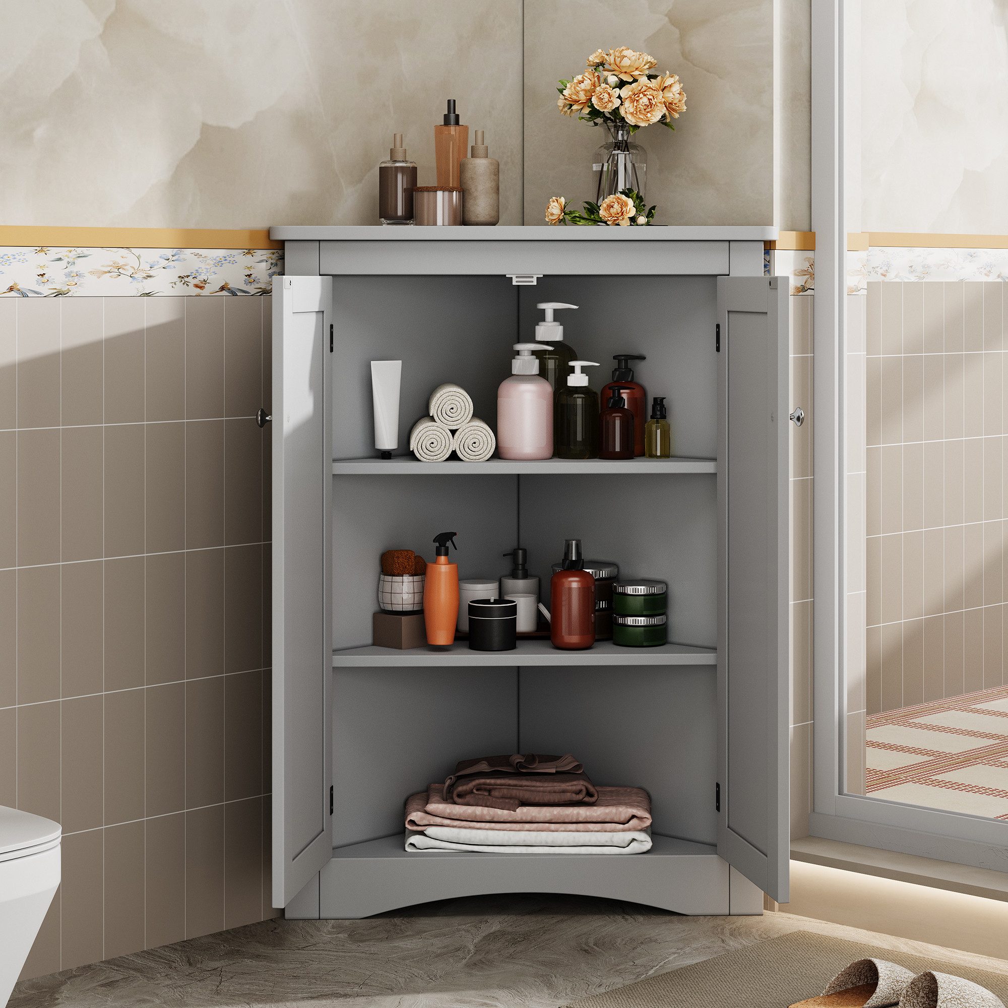 MODFU Vitrine Praktischer Eckschrank für ungenutzte Winkel (Eck-Schrank, 1-St., Ideal zur Platzoptimierung in verschiedenen Räumen) 2 Türen, 3 Ebenen, in Grau, Maße: 61,5x90 cm
