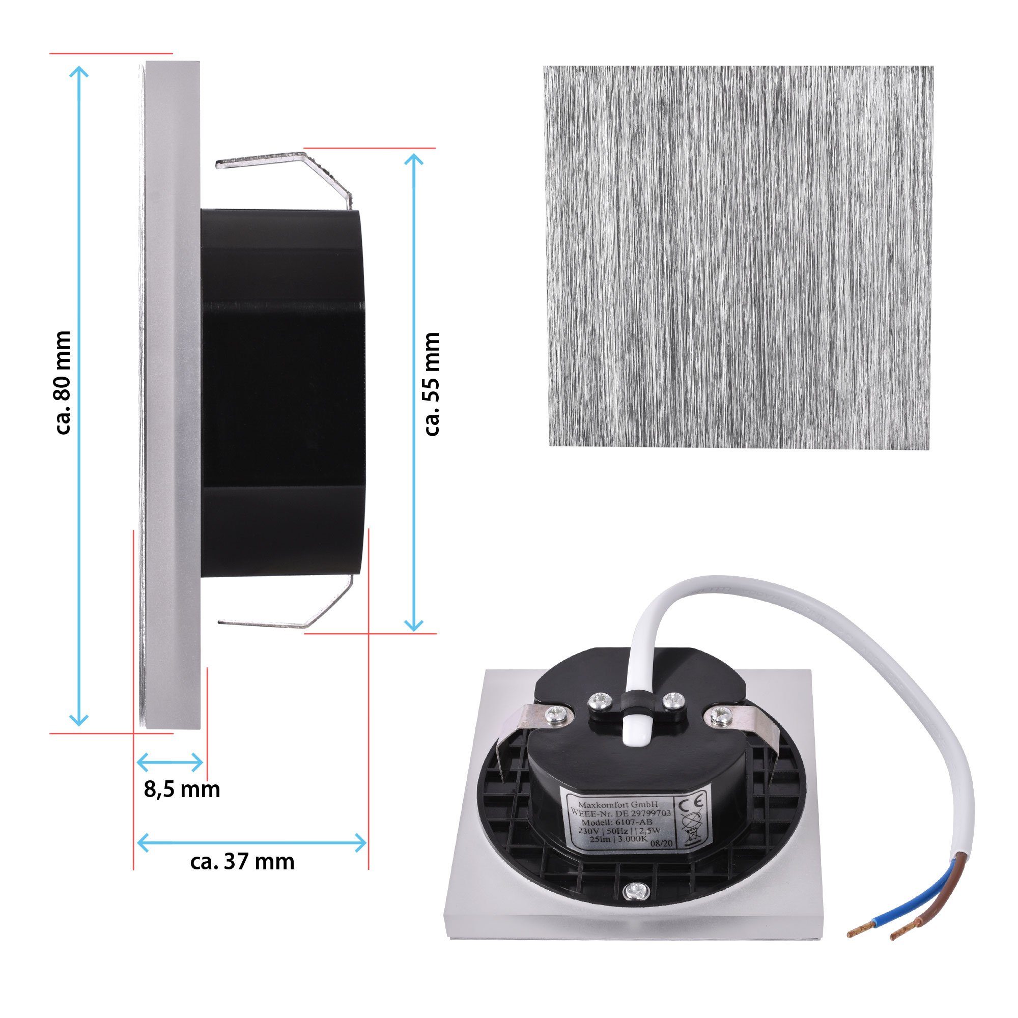 Maxkomfort LED Wandstrahler gebürstet Aluminium 6107, Wandleuchte, Stufen LED, Lampe, Wandbeleuchtung, Strahler, 3000K, Wandeinbauleuchte, Nachtlicht, integriert, LED Stufenlicht, fest Treppenbeleuchtung, Einbauleuchte, Licht Warmweiß, Stufenbeleuchtung, Einbauspots