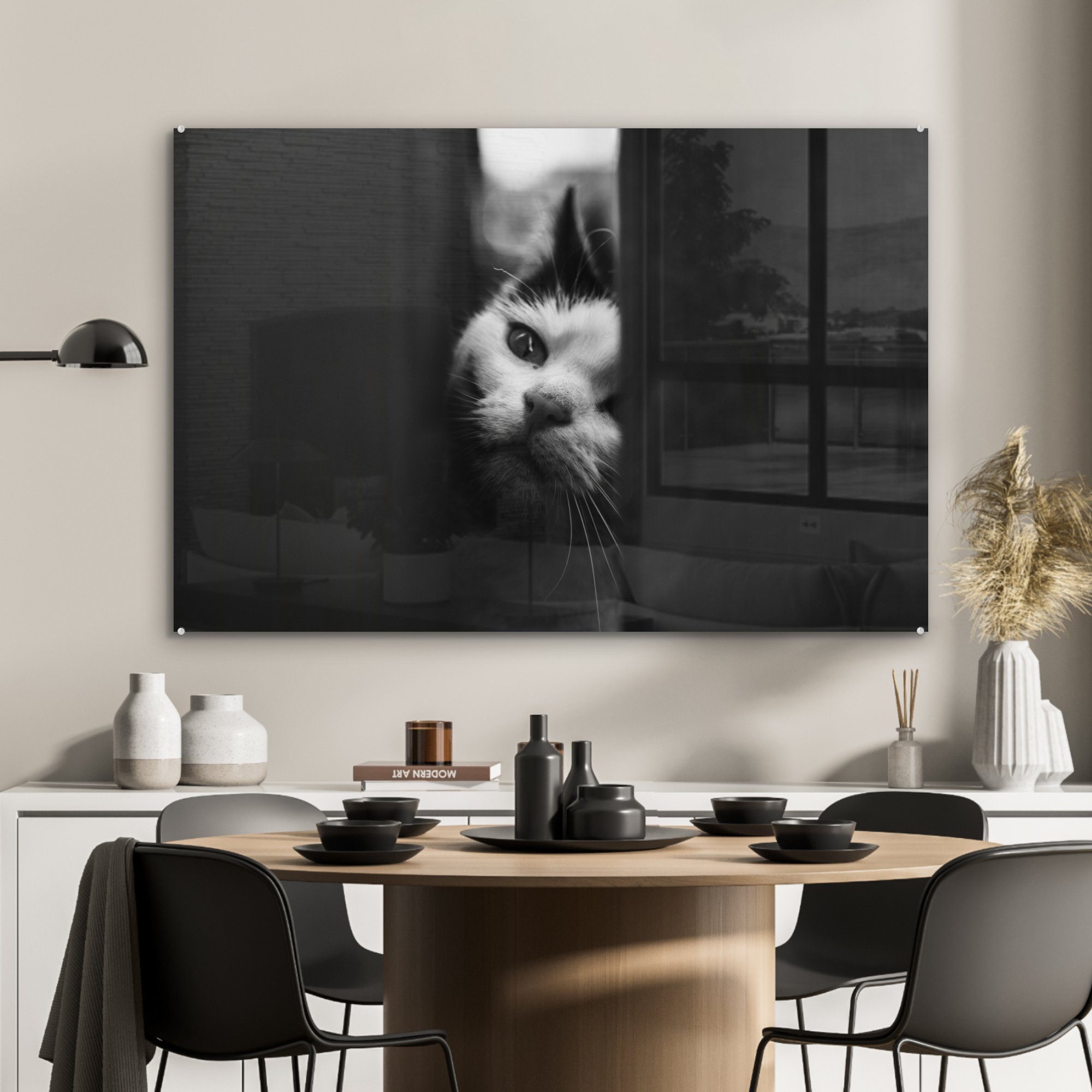 MuchoWow Acrylglasbild Acrylglasbilder schwarz Spionage & in (1 Katze Tierprofil Schlafzimmer St), weiß, Wohnzimmer und