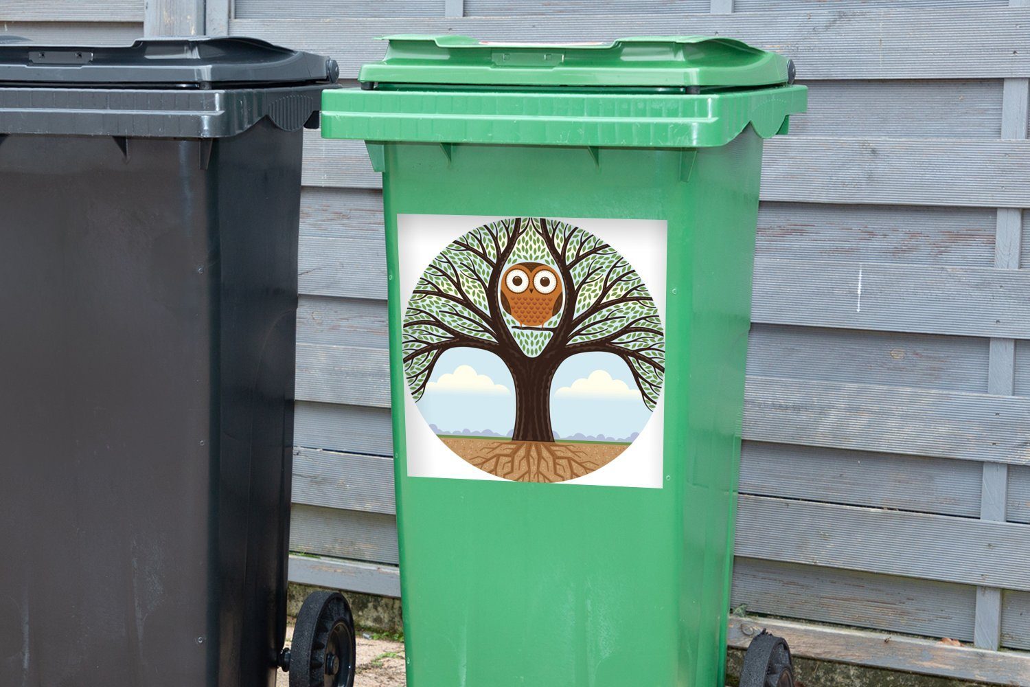 MuchoWow Wandsticker Illustration eines Baumes, lebt dem St), Container, Mülltonne, Mülleimer-aufkleber, (1 Eule Sticker, eine in Abfalbehälter großen