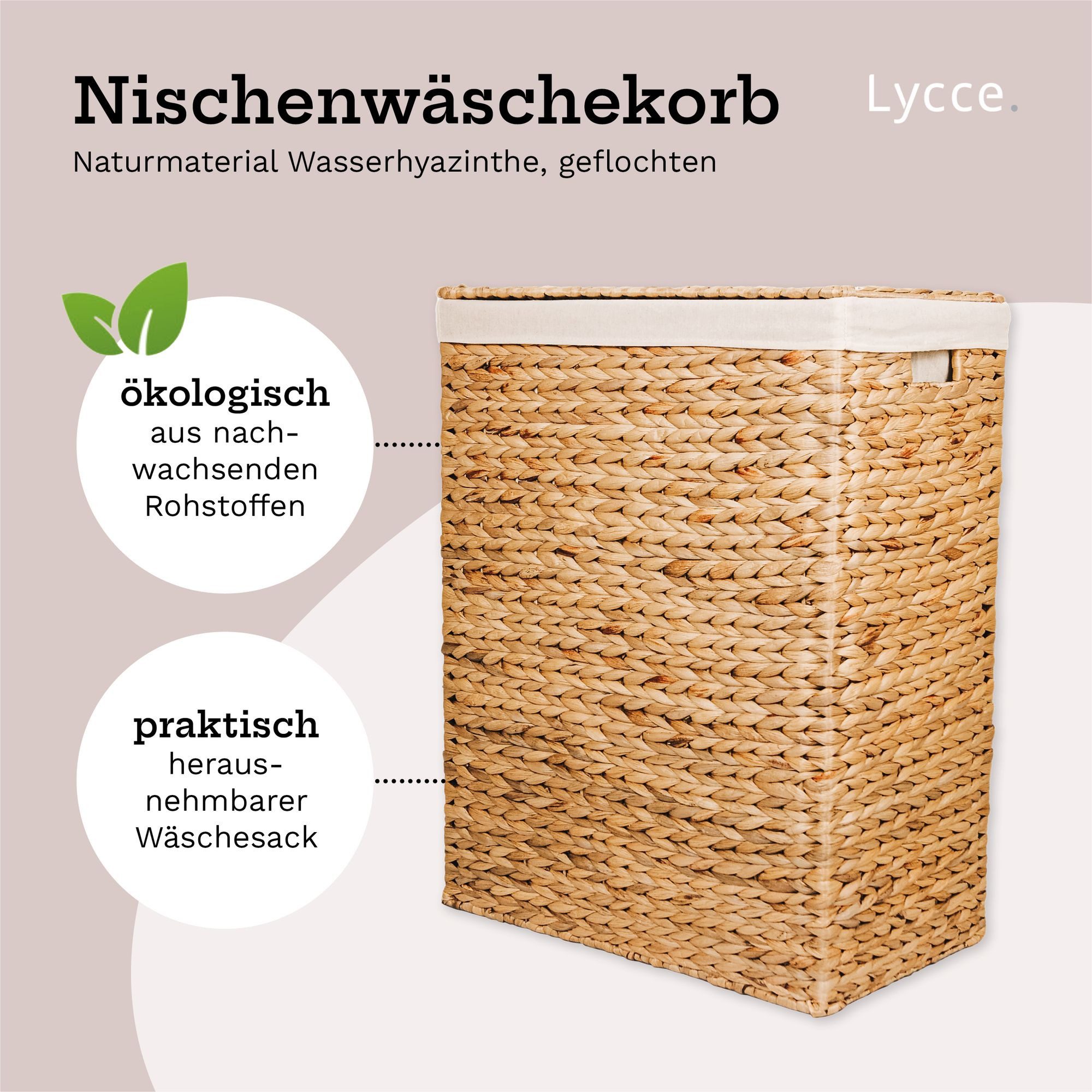 Lycce Wäschekorb Nischenwäschekorb in versch. Größen aus Wasserhyzinthe, mit Deckel, mit herausnehmbarem Wäschesack