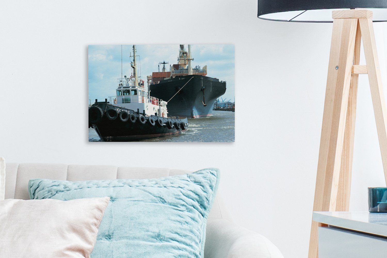 Wandbild Leinwandbild Wanddeko, cm Aufhängefertig, Leinwandbilder, Schlepper Containerschiff, (1 schleppt St), 30x20 OneMillionCanvasses®