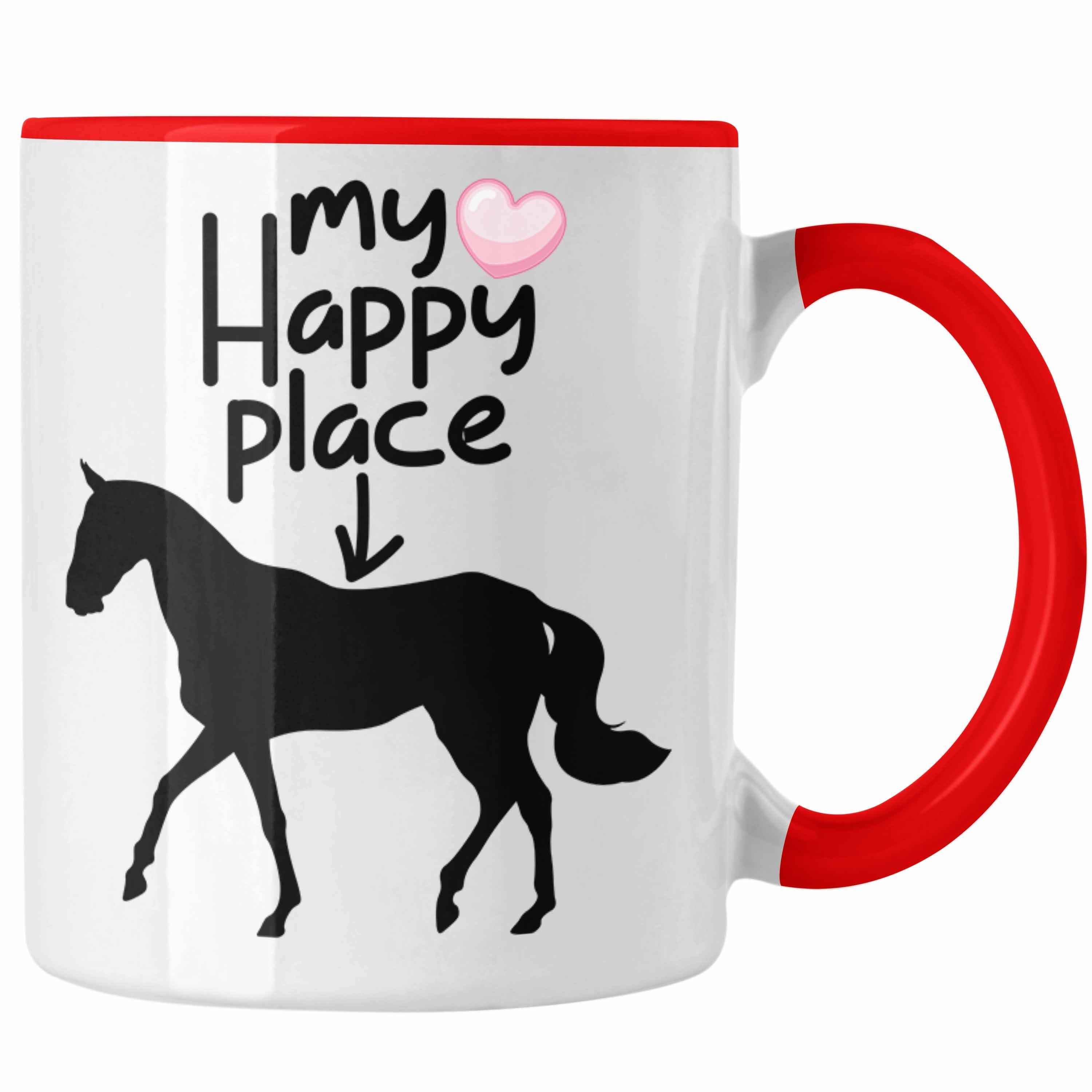 Trendation Tasse "My Happy Place" Tasse für Reiterinnen Lustige Geschenkidee für Pferde Rot