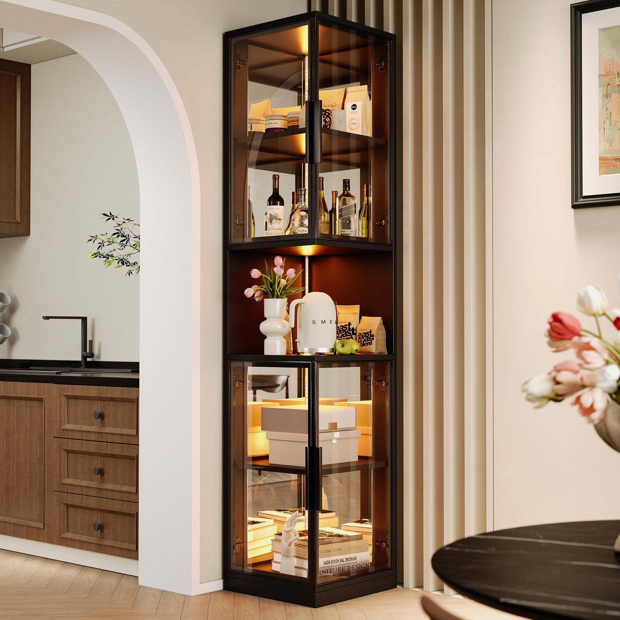 Odikalo Eckvitrine vitrinenschrank Glasvitrine mit Stauraum (205cm hoher LED-Vitrinenschrank mit doppelten Glastüren und verspiegelter Rückwand, mit farbwechselnder Beleuchtung und Kippschutzvorrichtung–elegant, vollständig transparent–Weinschrank, Bücherregal)