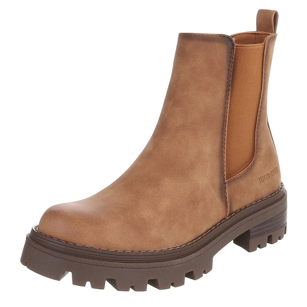 Ital-Design Damen Chelsea Boot mit Profilsohle für Alltag & Freizeit Plateaustiefelette (92078617) Blockabsatz Stiefeletten in Camel