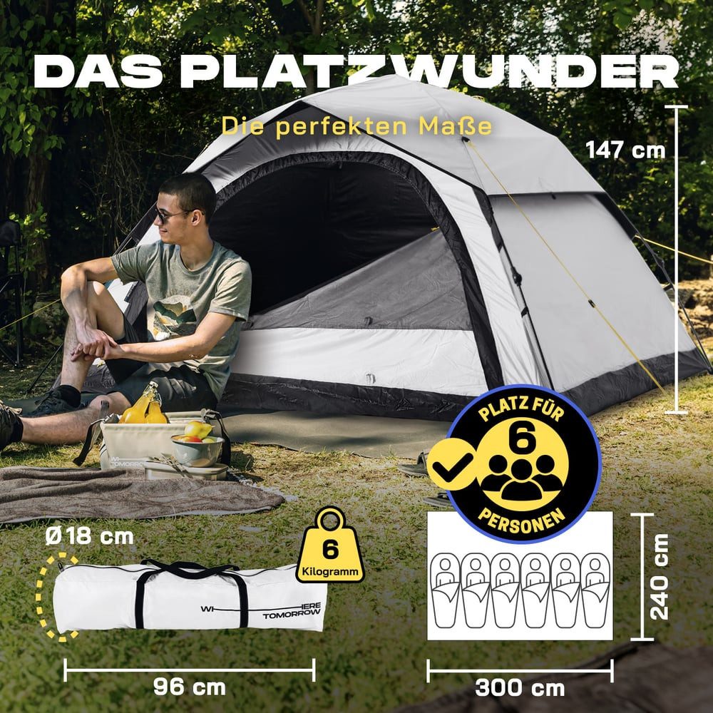 Lumaland Wurfzelt Pop Up Zelt für 6 Personen, Wurfzelt mit 10 Sek. Quick-Up Aufbau, (19 tlg), Wetterfestes Camping Zelt mit Kühl- & Verdunklungseffekt