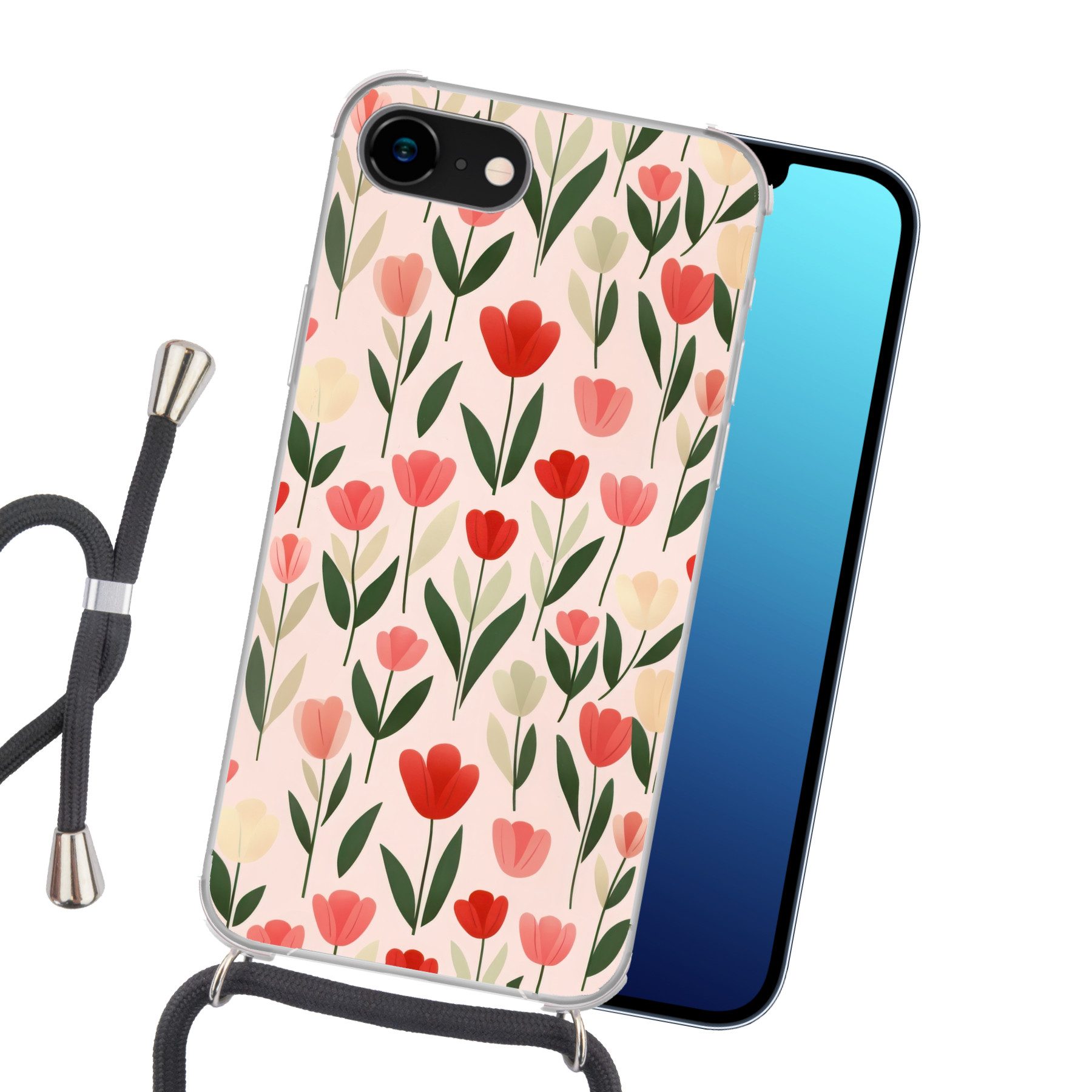 MuchoWow Handyhülle für Apple iPhone 8 Tulpen - Modern - Rosa, Tragbare Handyhüllen mit Kette zum umhängen, Handykette Handyband
