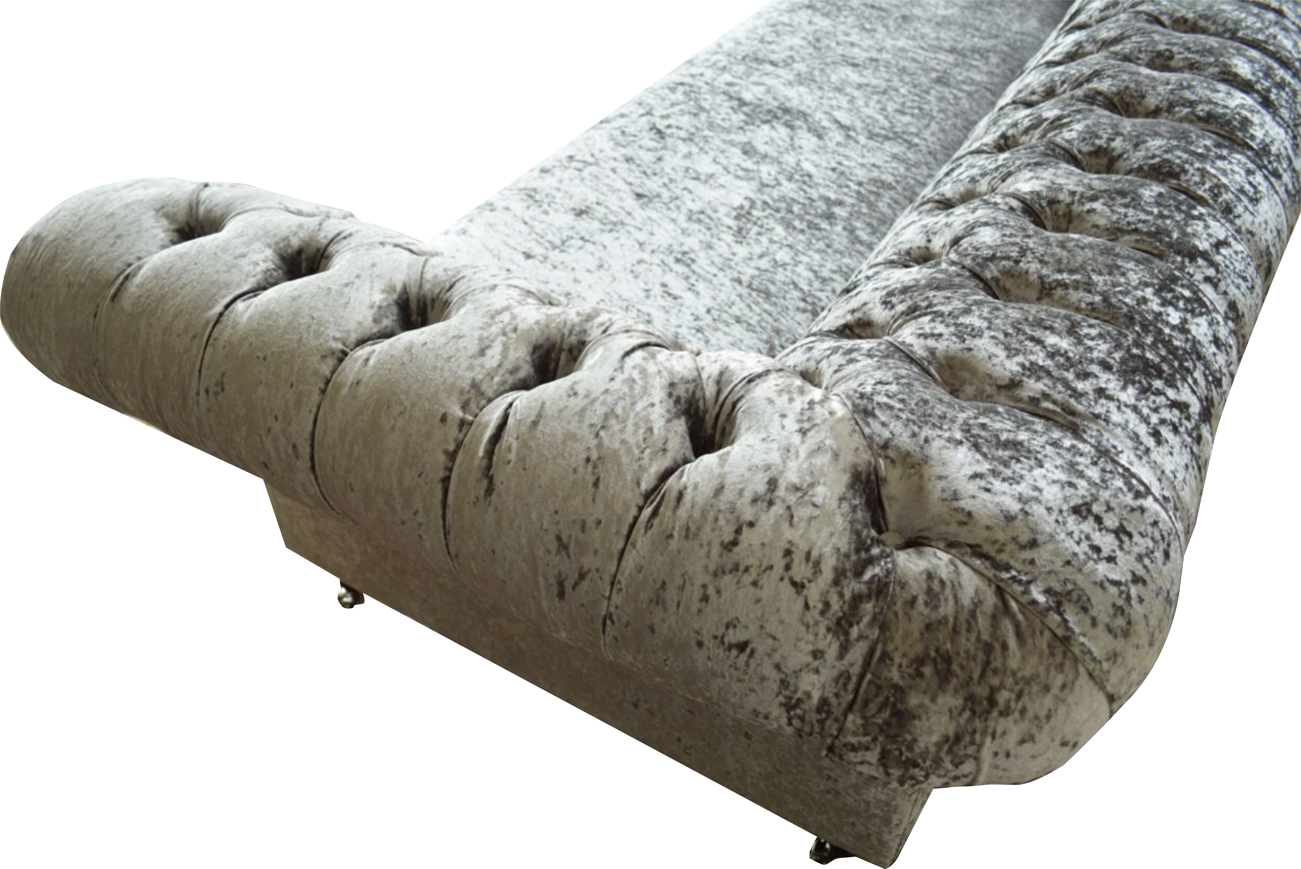 JVmoebel Chesterfield-Sofa HANDGEFERTIGTE 4-SITZER SILBER ZERKNITTERT SAMT STOFF CHESTERFIELD