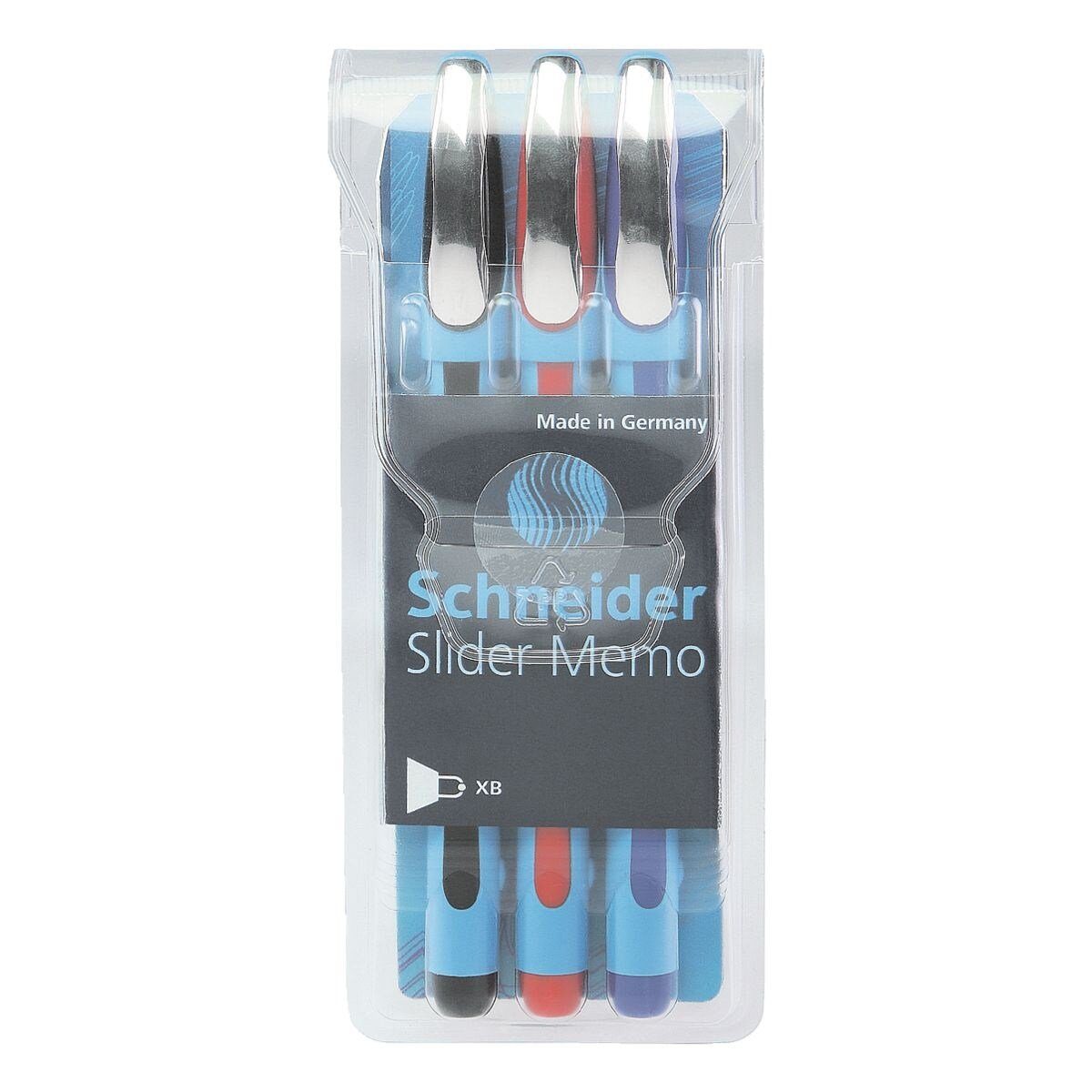Schneider Kugelschreiber Slider Memo XB 150293, (3-tlg), im Etui, Strichbreite: 0,7 mm (XB) schwarz, blau, rot