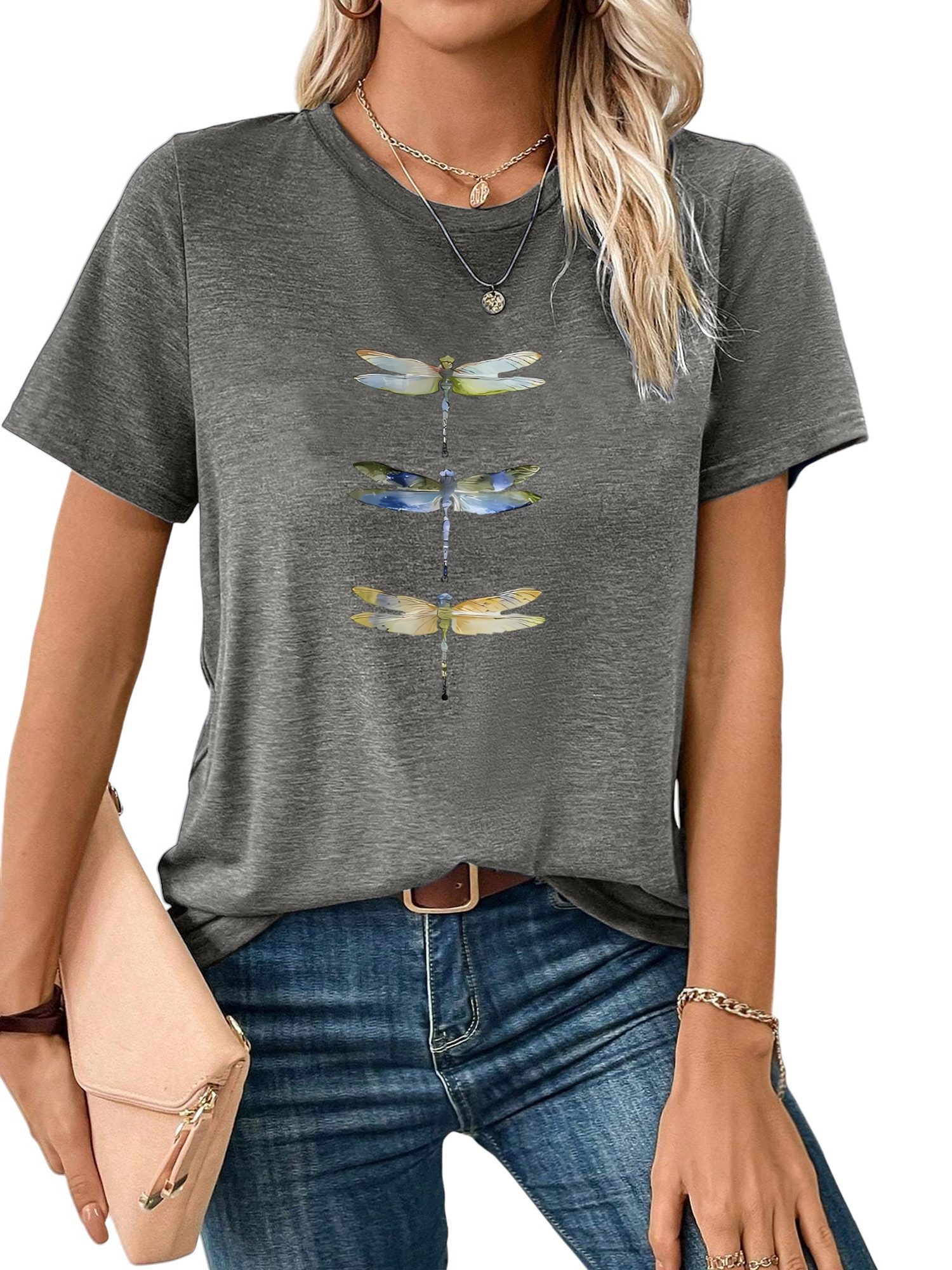 Kurzarmbluse Damen bequemes Sommer Kurzarmbluse Locker Libelle Print-Shirt