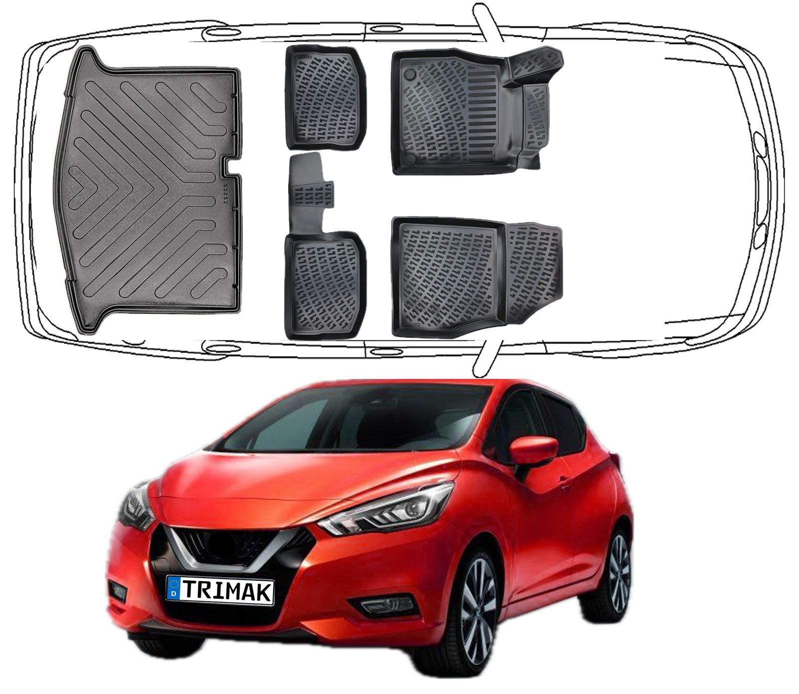 Trimak Passform-Fußmatten Oder Kofferraumwanne Oder Set für Nissan Micra, Nissan Micra 5. Gen. K14 2017-2022 Gummimatten Auto & Kofferraummatte