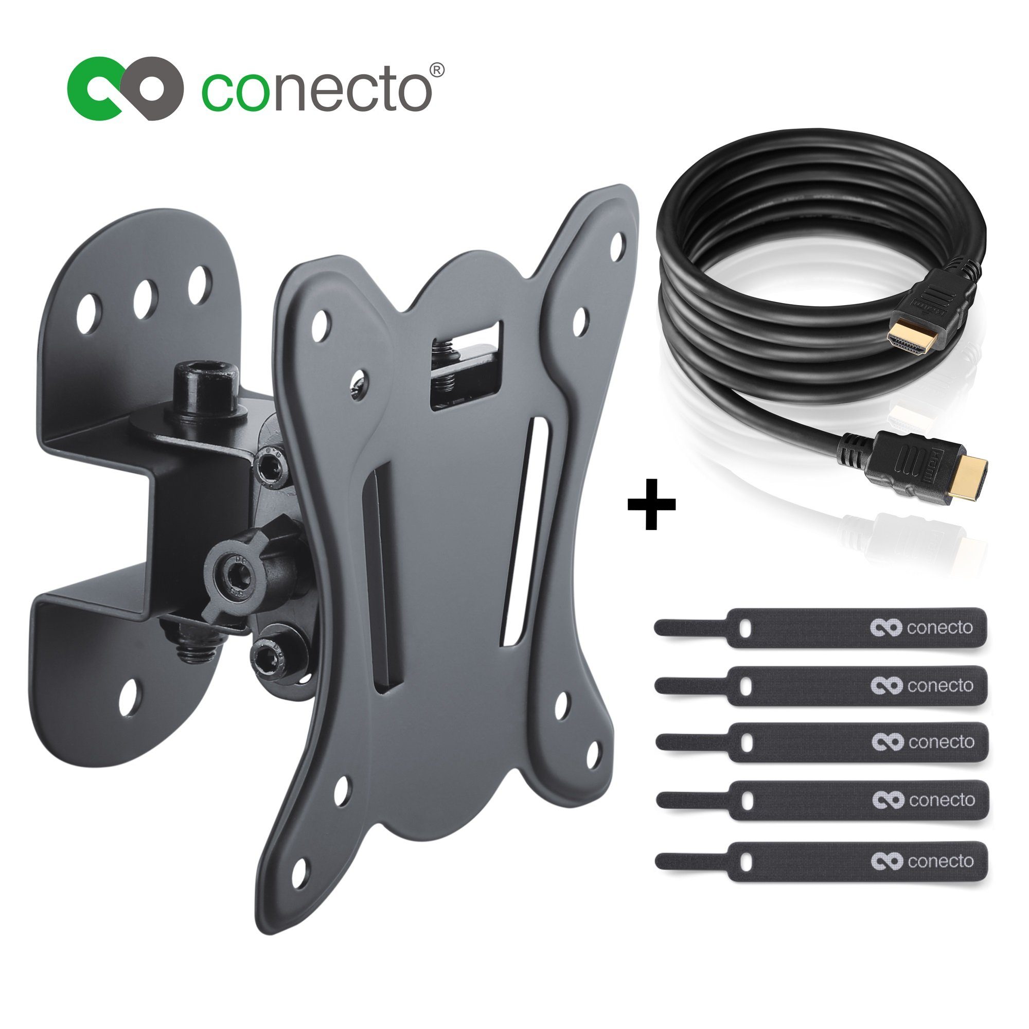 conecto TV-Wandhalterung TV Wandhalter für LCD LED Fernseher & Monitor, (bis 27 Zoll, inklusive HDMI-Kabel und Klett-Kabelbinder, neigbar, schwenkbar)