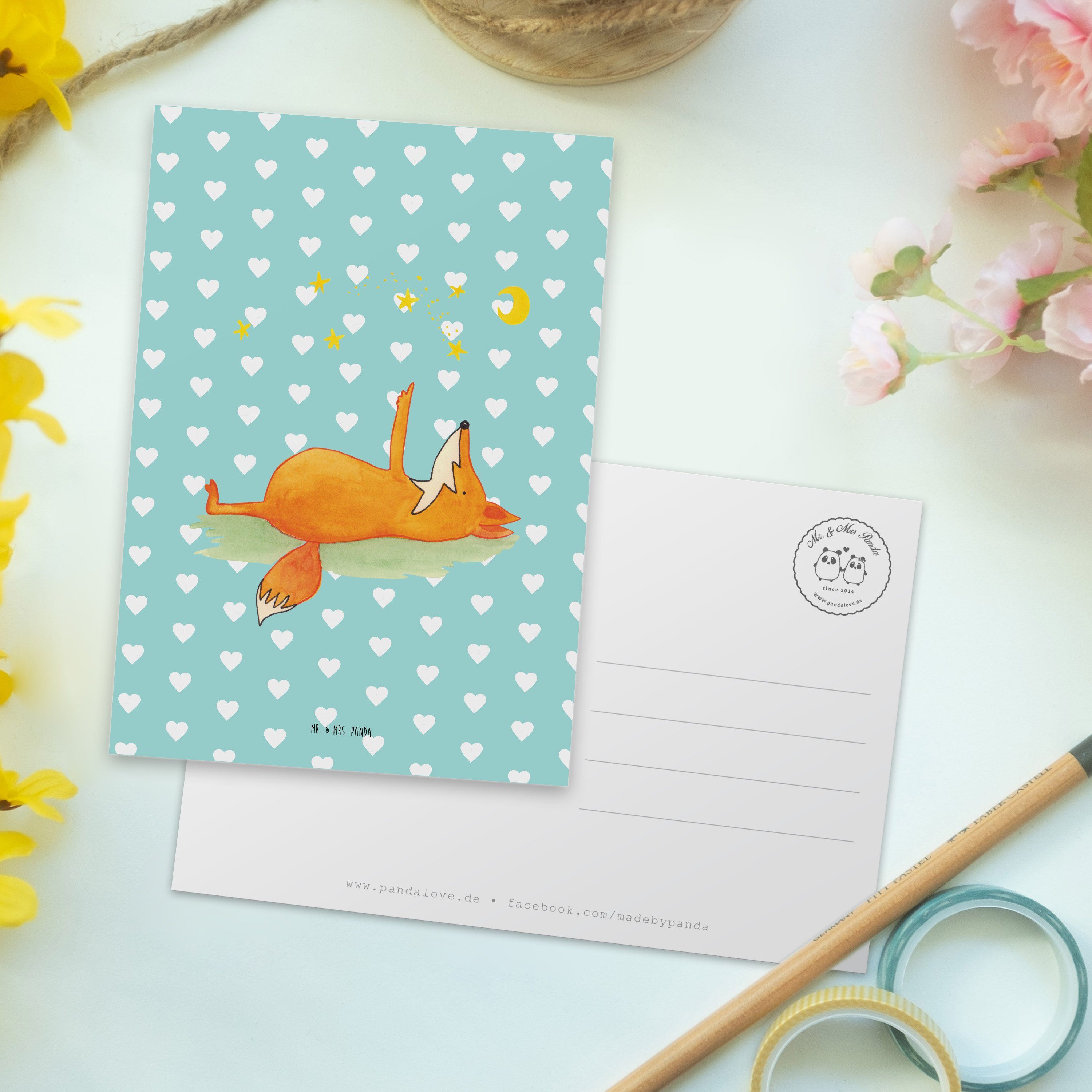 Mr. Fuchs Panda Füchse, Sterne - Mrs. - Grußkarte, Pastell Geschenk, & Geschenk Postkarte Türkis