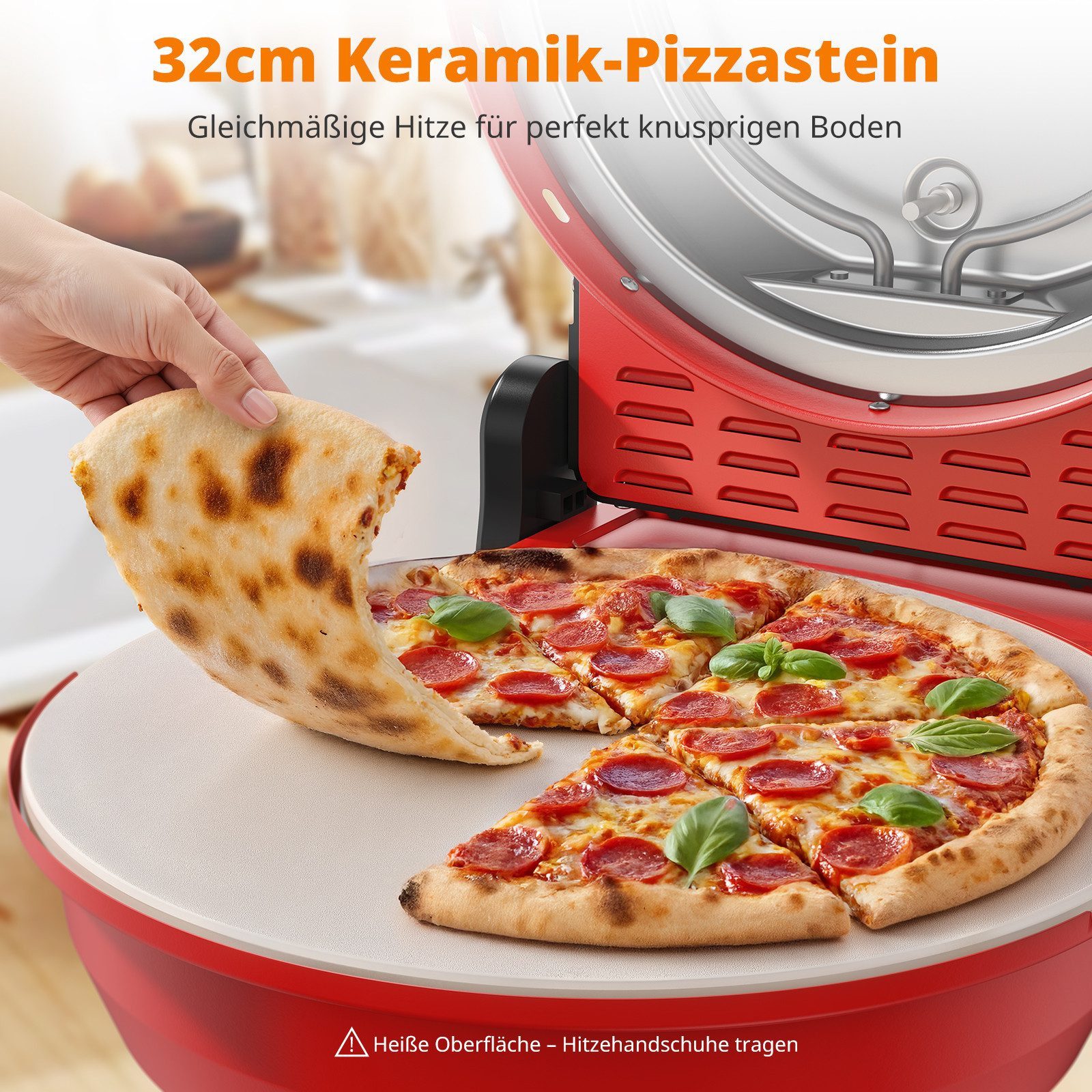 Airmsen Pizzaofen 2-in-1 1500W mit Pizzastein & Grillpfanne, 32 cm, 425°C, kompakt für Pizza, Flammkuchen & Snacks zuhause