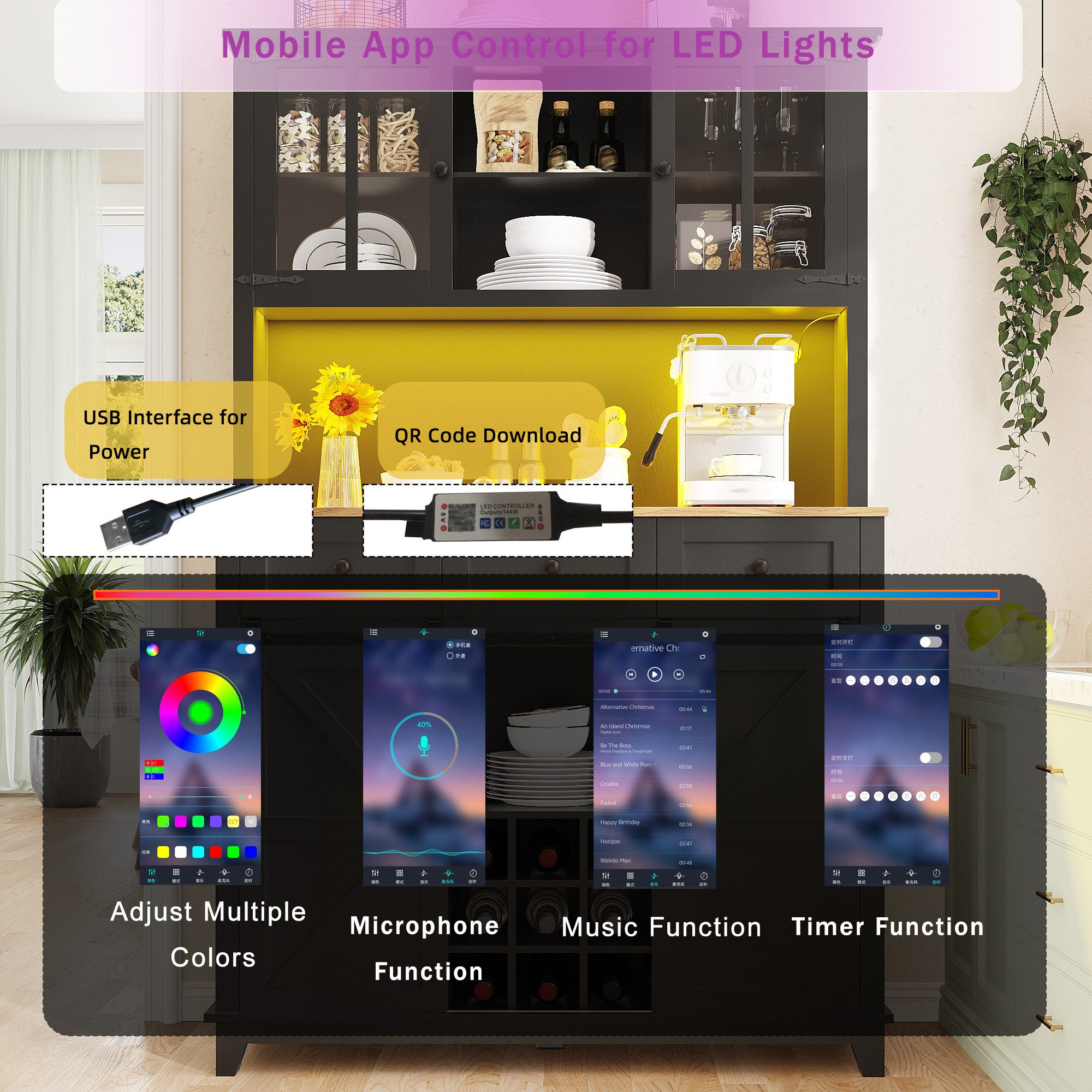 kowdom Küchenbuffet Hochschrank mit LED, App-Steuerung, Glastüren, 105x38x180 cm (Hochschrank, Einzelschrank mit LED-Beleuchtung) Hochschrank, LED-Beleuchtung, App-Steuerung, Glastüren, 180 cm