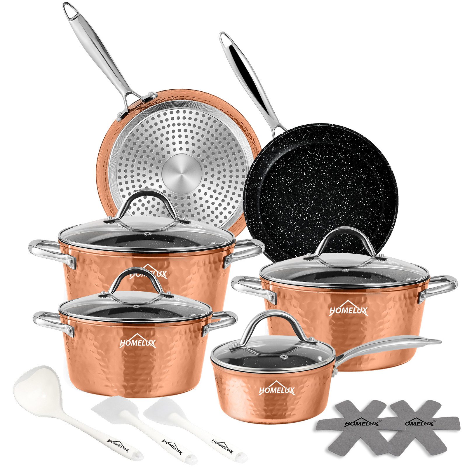 HOMELUX Topf-Set 15 tlg Topfset Induktion, Antihaftbeschichtung Töpfe mit Glasdeckel, Aluminium (Set, 24/28 cm Pfannen + 20/24/28 cm Kochtöpfe + 16cm Kasserolle), Induktion