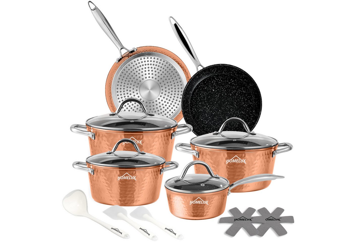 HOMELUX Topf-Set 15 tlg Topfset Induktion, Antihaftbeschichtung Töpfe mit Glasdeckel, Aluminium (Set, 24/28 cm Pfannen + 20/24/28 cm Kochtöpfe + 16cm Kasserolle), Induktion
