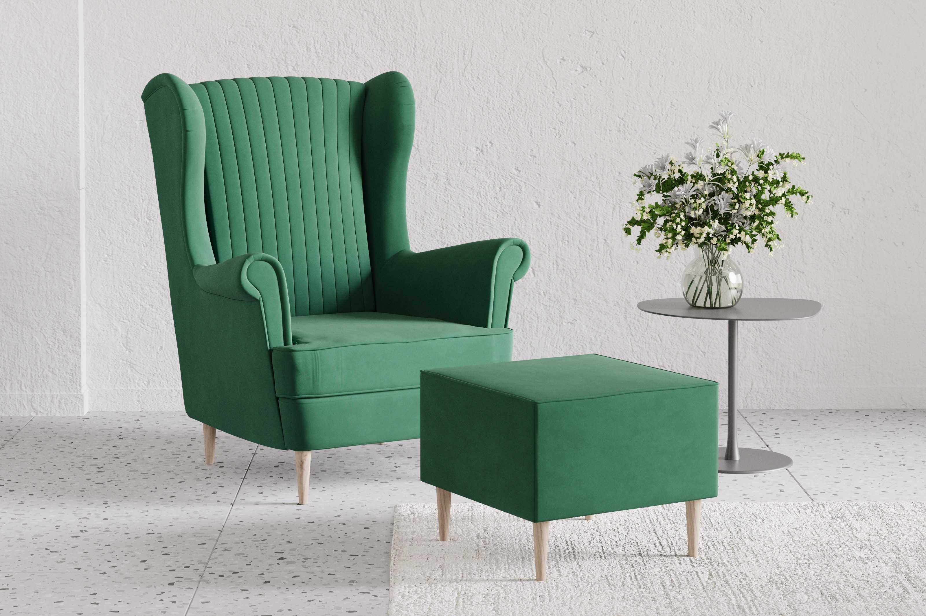 MOEBLO Ohrensessel COMFY SESSEL mit oder ohne Hocker (Polstersessel aus Samtstoff Wohnzimmersessel mit/ohne Hocker Ohrenbacksessel), Sessel mit optionalem Hocker