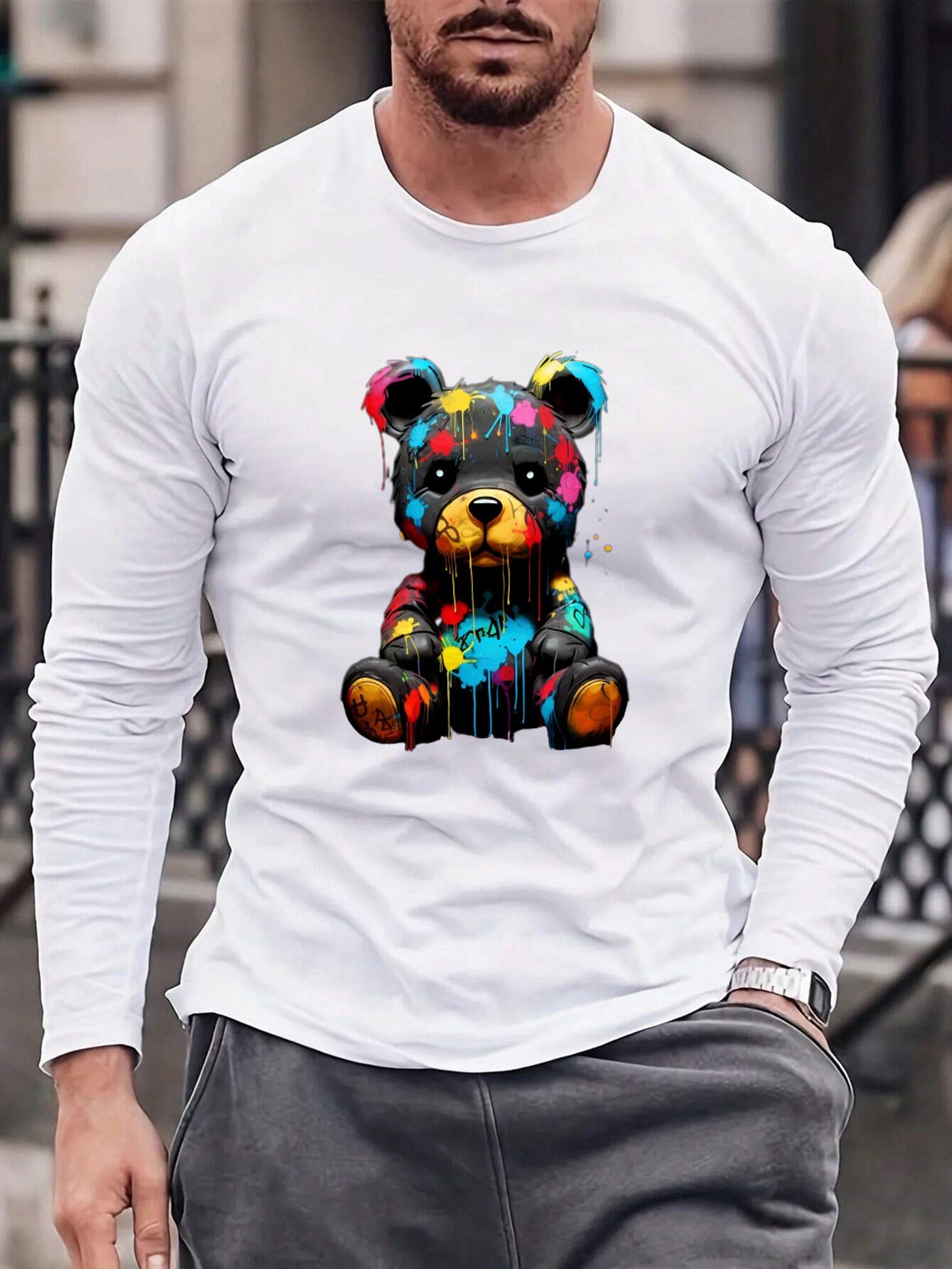 RMK Langarmshirt Herren Longsleeve Rundhals Basic Teddybär Bär aus Baumwolle, mit lizenziertem Print Weiß (Model 1, Groß, Mitte)