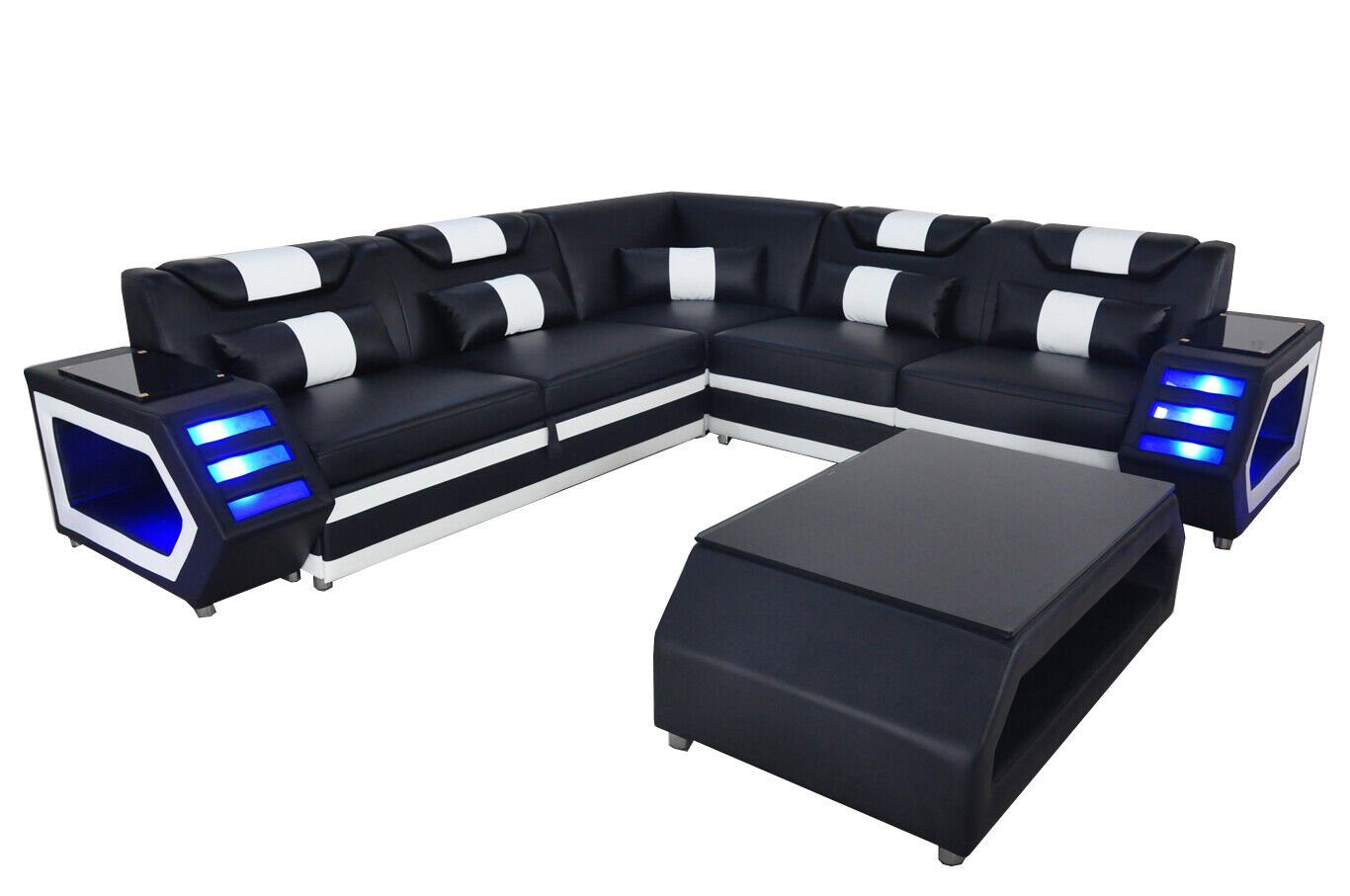 Garnitur Schwarz/Weiß Ecksofa Couch Eckgarnitur+Tisch+USB JVmoebel Eckcouch Komplett Set Ecksofa