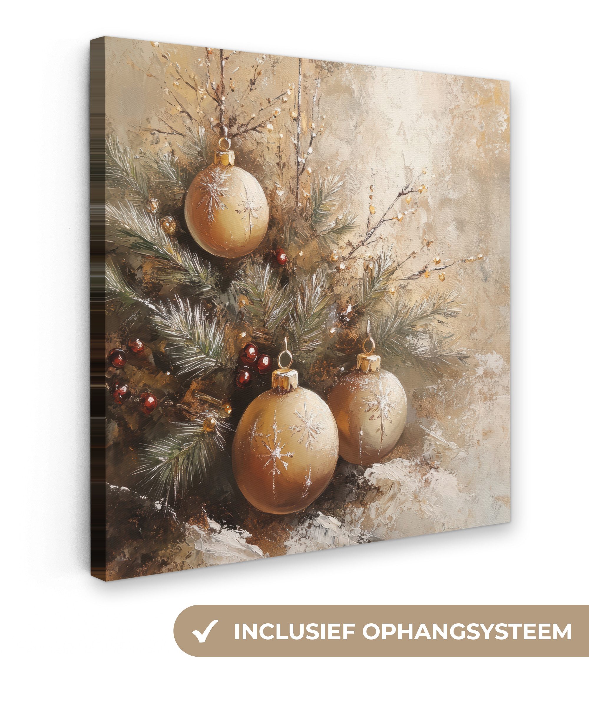 OneMillionCanvasses® Leinwandbild Weihnachten - Kugeln - Beige - Gold, Fotodruck (1 St), Wandbild, Deko Schlafzimmer Wohnzimmer Flur 20x20 cm