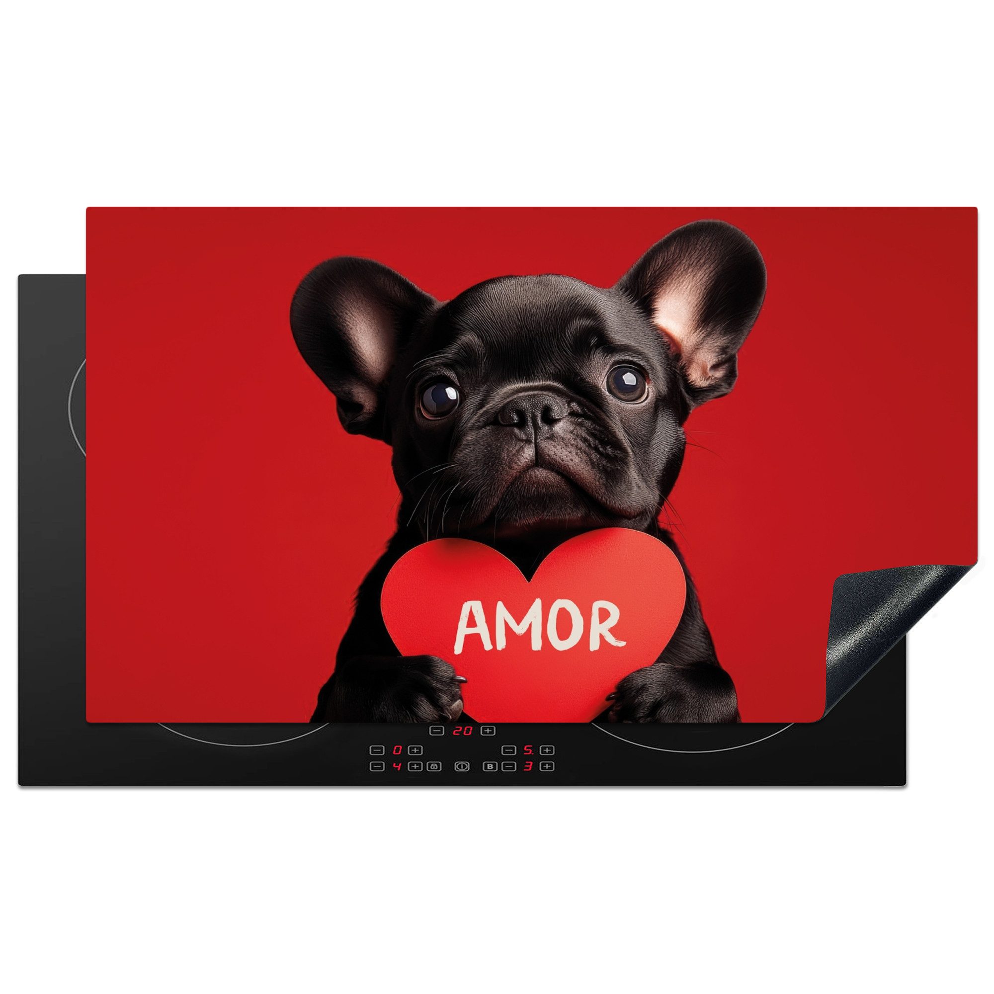 MuchoWow Herd-Abdeckplatte Amor - Hund - Herz - Rot, Vinyl, (1 tlg), Herdabdeckplatten für Ceranfeld, Induktionsschutz, 90x52 cm