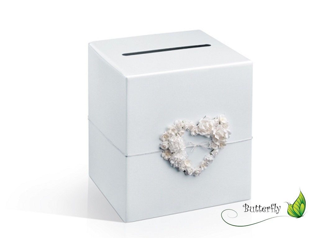 partydeco Geschenkbox, Briefbox für Karten 24x24cm aus Karton mit Rosenherz Weiß
