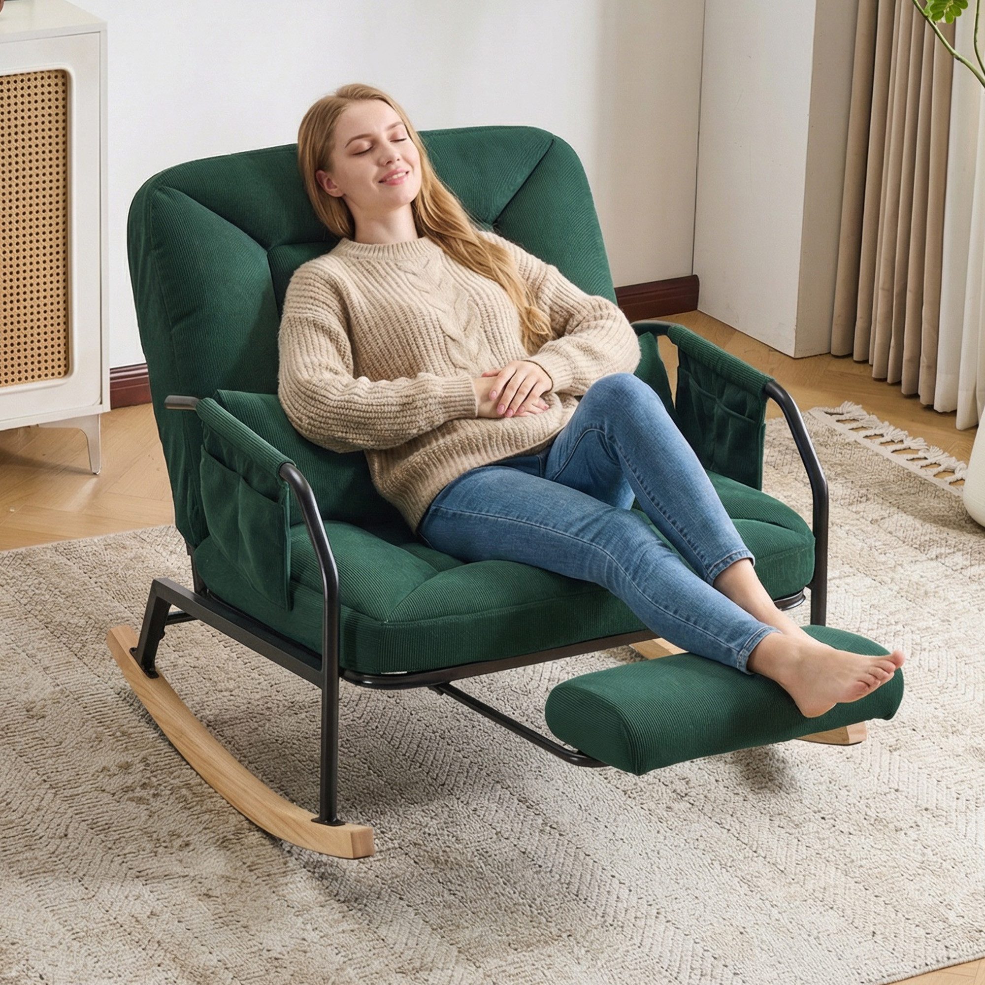CANMOV Relaxsessel Schaukelstuhl mit ausziehbarer Fußstütze, Ergonomischer Schaukelsitz, mit Kissen und Fußstützung, verstellbare Rückenlehne 100°–160°