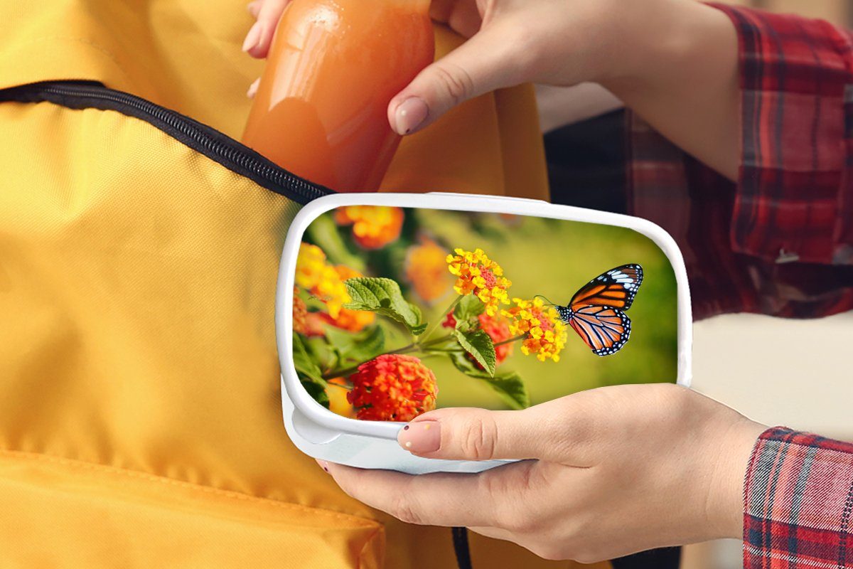 MuchoWow Lunchbox für Erwachsene, Jungs Mädchen Kinder Insekten - Blumen - - (2-tlg), weiß und Gelb, Brotbox Schmetterling Brotdose, Kunststoff, für und