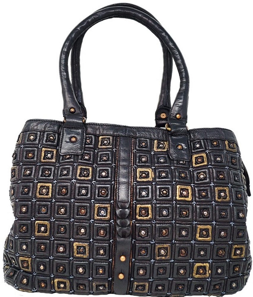 Desiderius Handtasche DESS1701-36, Silvana Lederhandtasche mit Karomuster, Lederschnalle mittig, ausgestanzte Lederblümchen