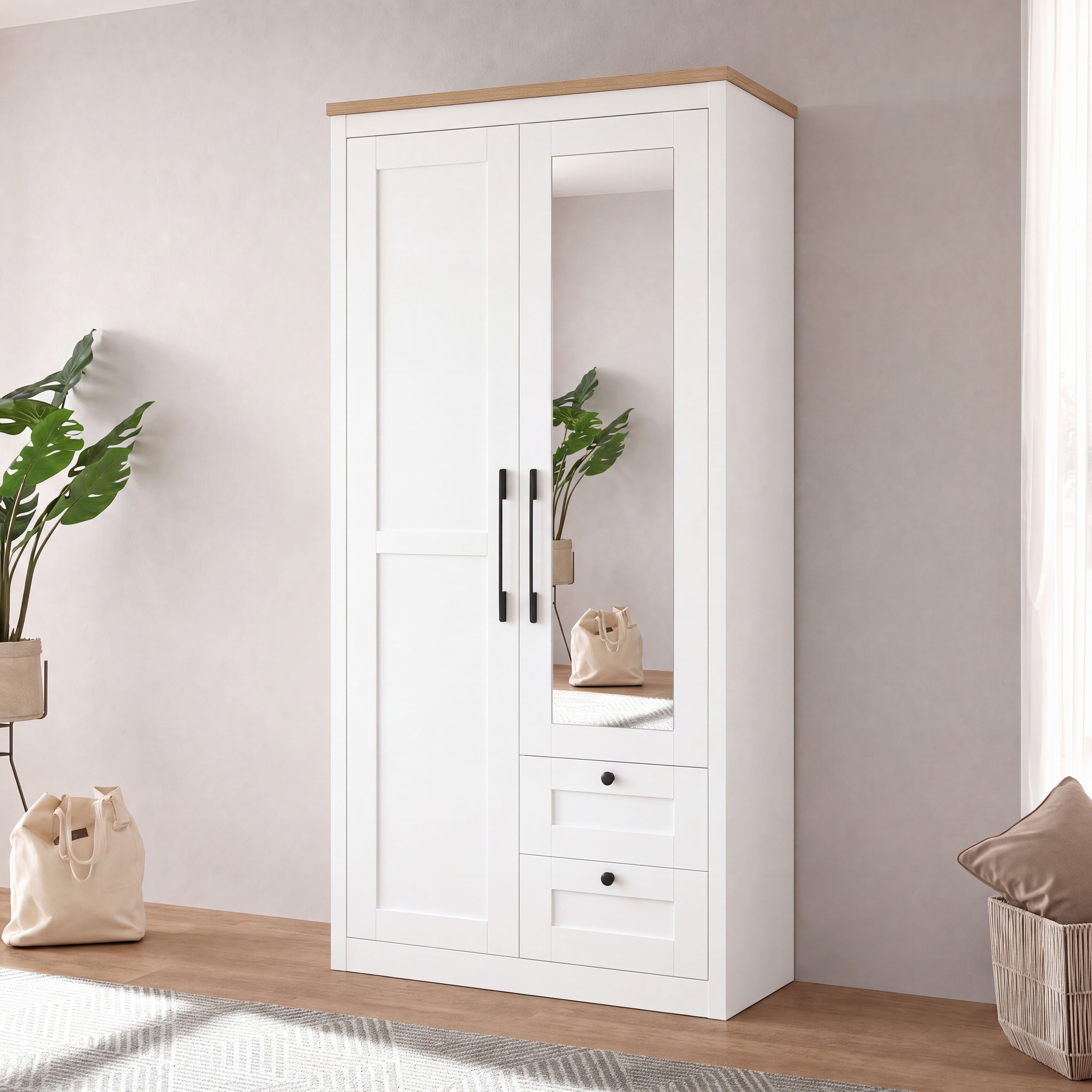 OTTO home Kleiderschrank Büsum Schlafzimmer Schrank mit 2 Türen und Spiegel (stabile robuste Bauweise mit optimaler Aufteilung - Breite 1m) Schlafzimmerschrank Landhaus Design Garderobe Schrank Bestseller