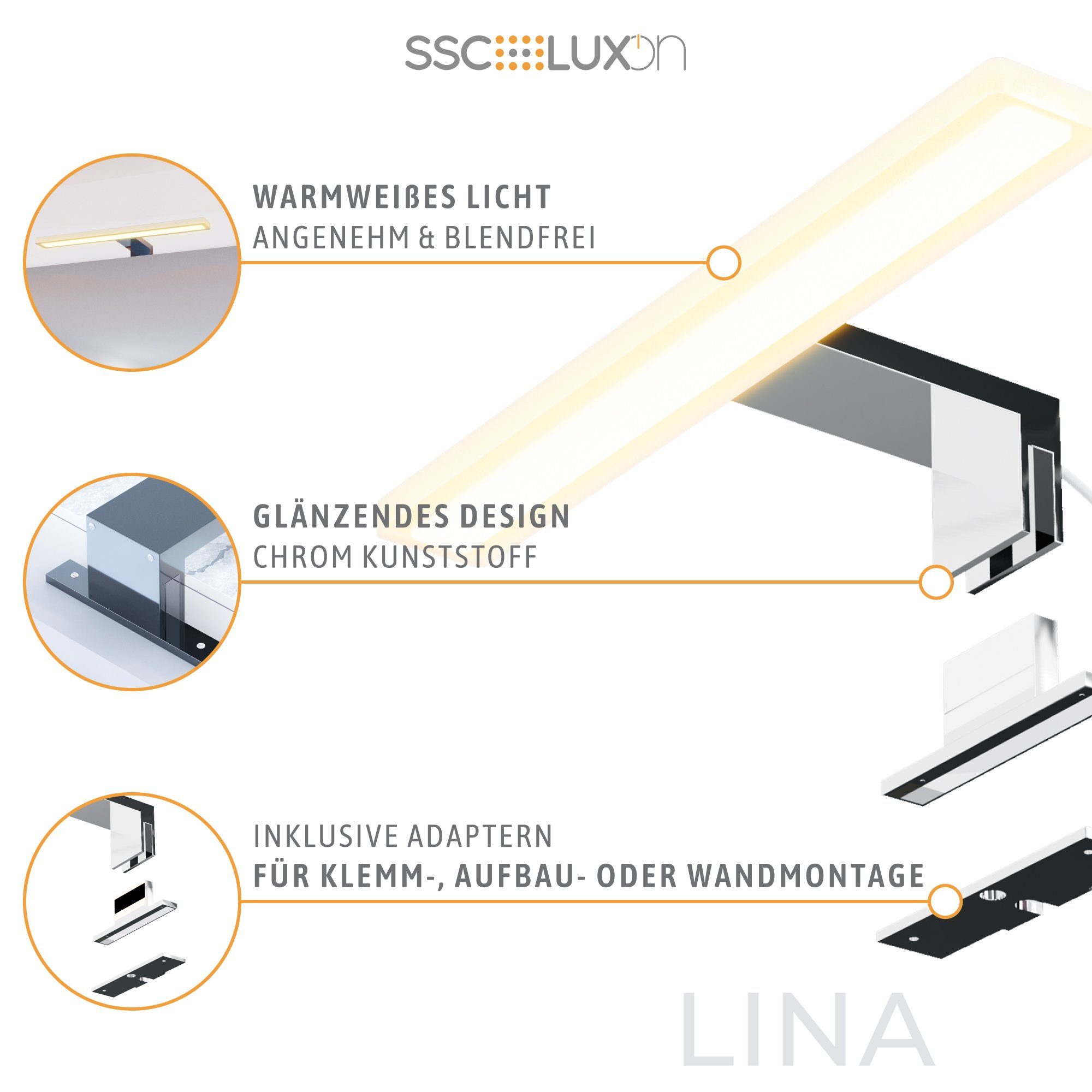 LED IP44 Warmweiß 8W Design Spiegelleuchte Bad LED LINA SSC-LUXon 30cm chrom, Bilderleuchte warmweiss 3-in-1