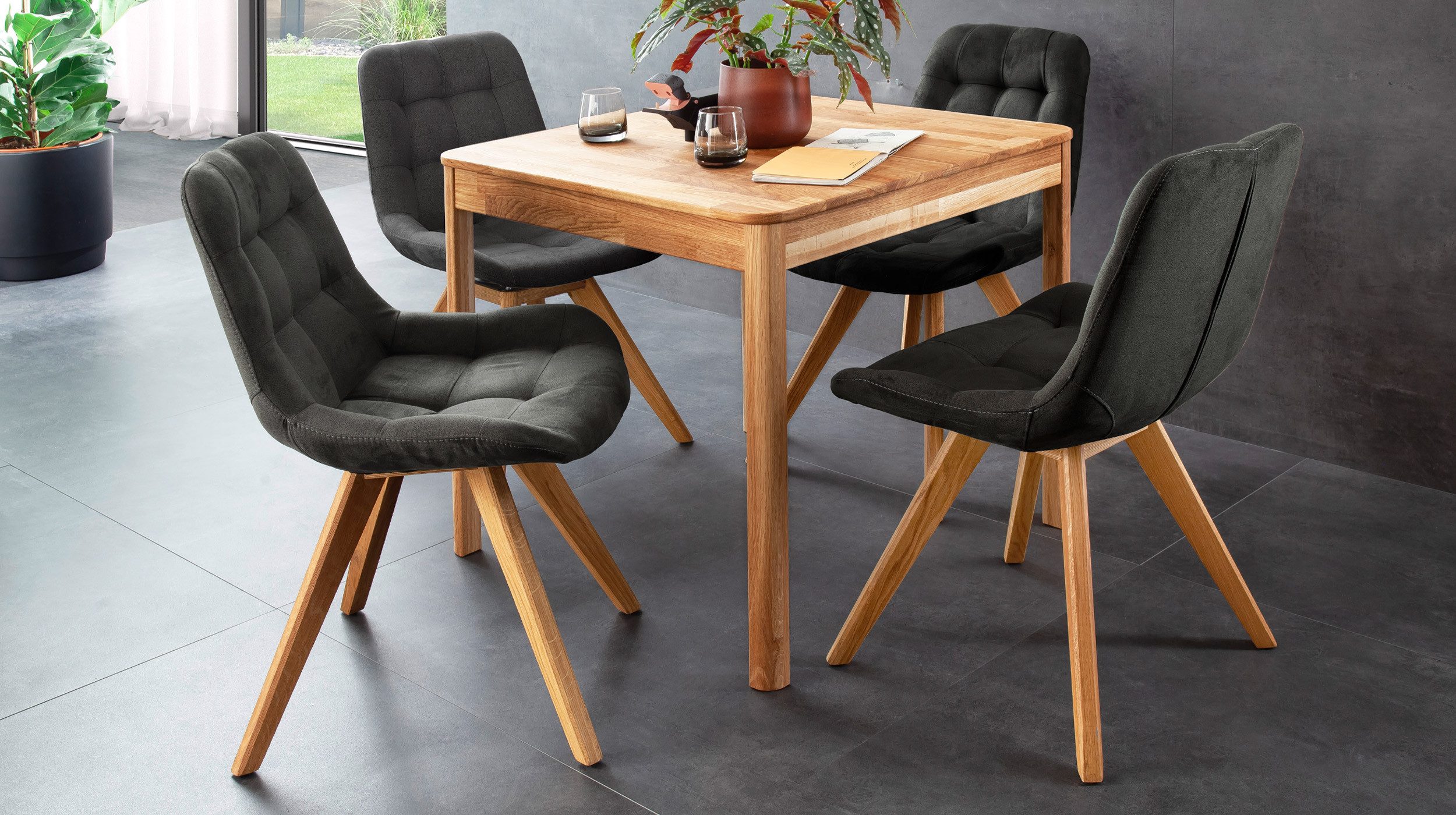 Massivart® Polsterstuhl drehbar, Esszimmerstuhl, Microfaser braun, anthrazit, »Belfast«, Gestell Wildeiche massiv · Steppungen