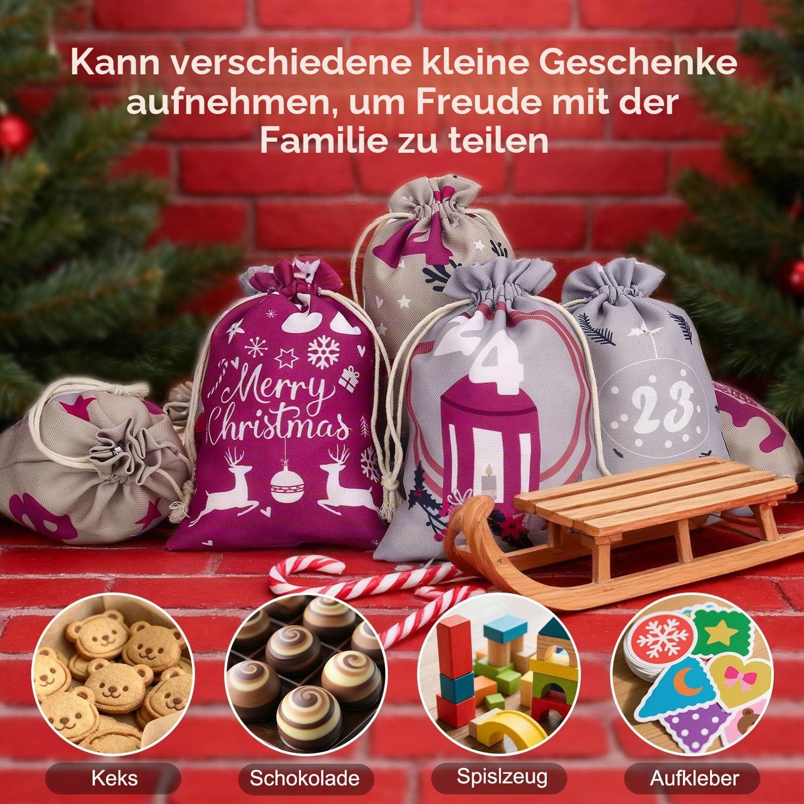 Sorvyzxn Adventskalender Adventskalender zum Befüllen 24 Jutebeutel Stoffbezug gedruckt, Adventskalender Säckchen, Weihnachtskalender zum Befüllen – Bild 3 von 5