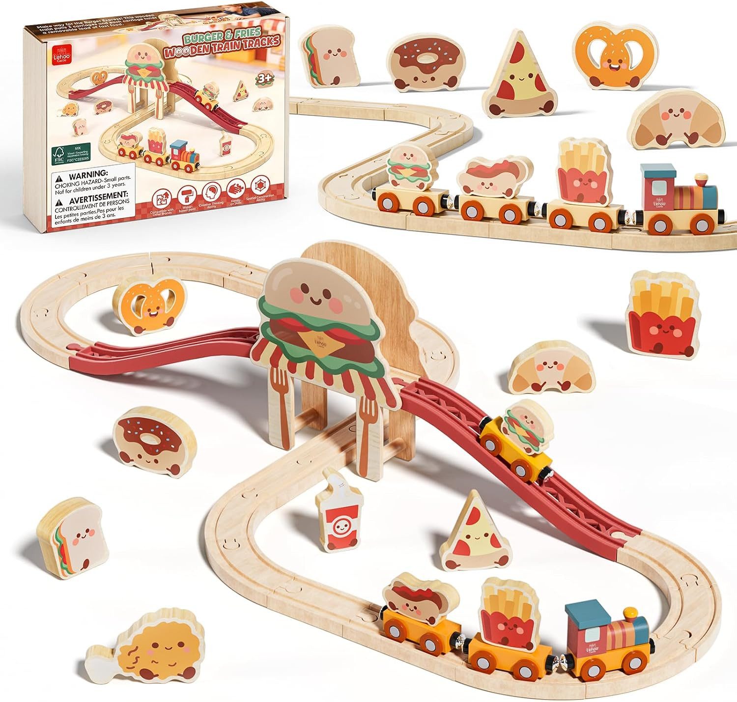 Lehoo Castle Spielzeugeisenbahn-Set Holzeisenbahn Hamburger-Zug 36-tlg. mit Lebensmitteln ab 3 Jahren, (36-teiliges Holzeisenbahn-Spielset mit Lebensmittel-Zubehör, 36-tlg., 36-teiliges Holzeisenbahn-Set mit Lebensmittel-Thema), 36-teilig; Holz; Lebensmittel-Thema; manueller Betrieb; ab 3 Jahren