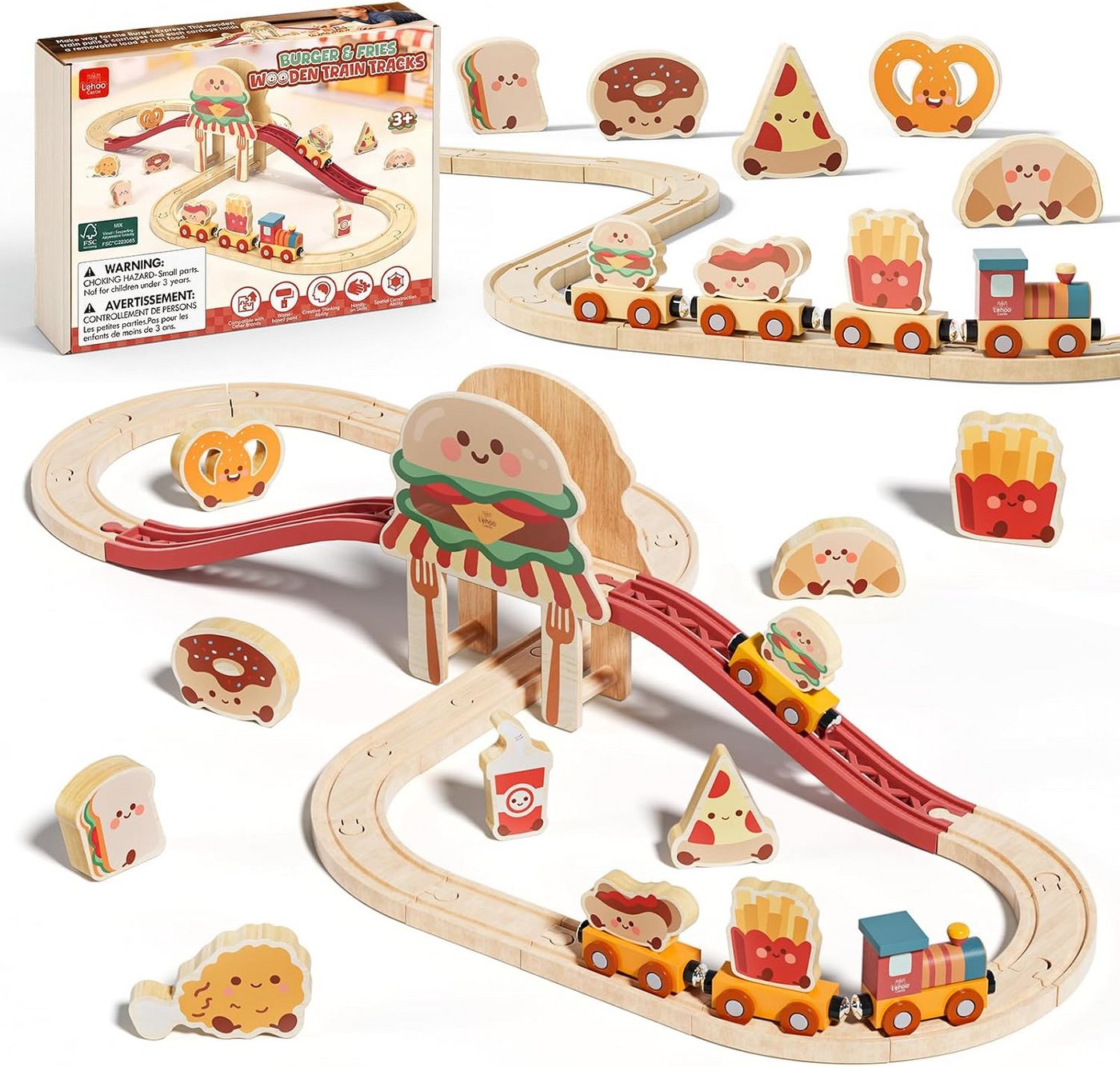 Lehoo Castle Spielzeugeisenbahn-Set Holzeisenbahn Hamburger-Zug 36-tlg. mit Lebensmitteln ab 3 Jahren, (36-teiliges Holzeisenbahn-Spielset mit Lebensmittel-Zubehör, 36-tlg., 36-teiliges Holzeisenbahn-Set mit Lebensmittel-Thema), 36-teilig, Holz, Lebensmittel-Thema, manueller Betrieb, ab 3 Jahren