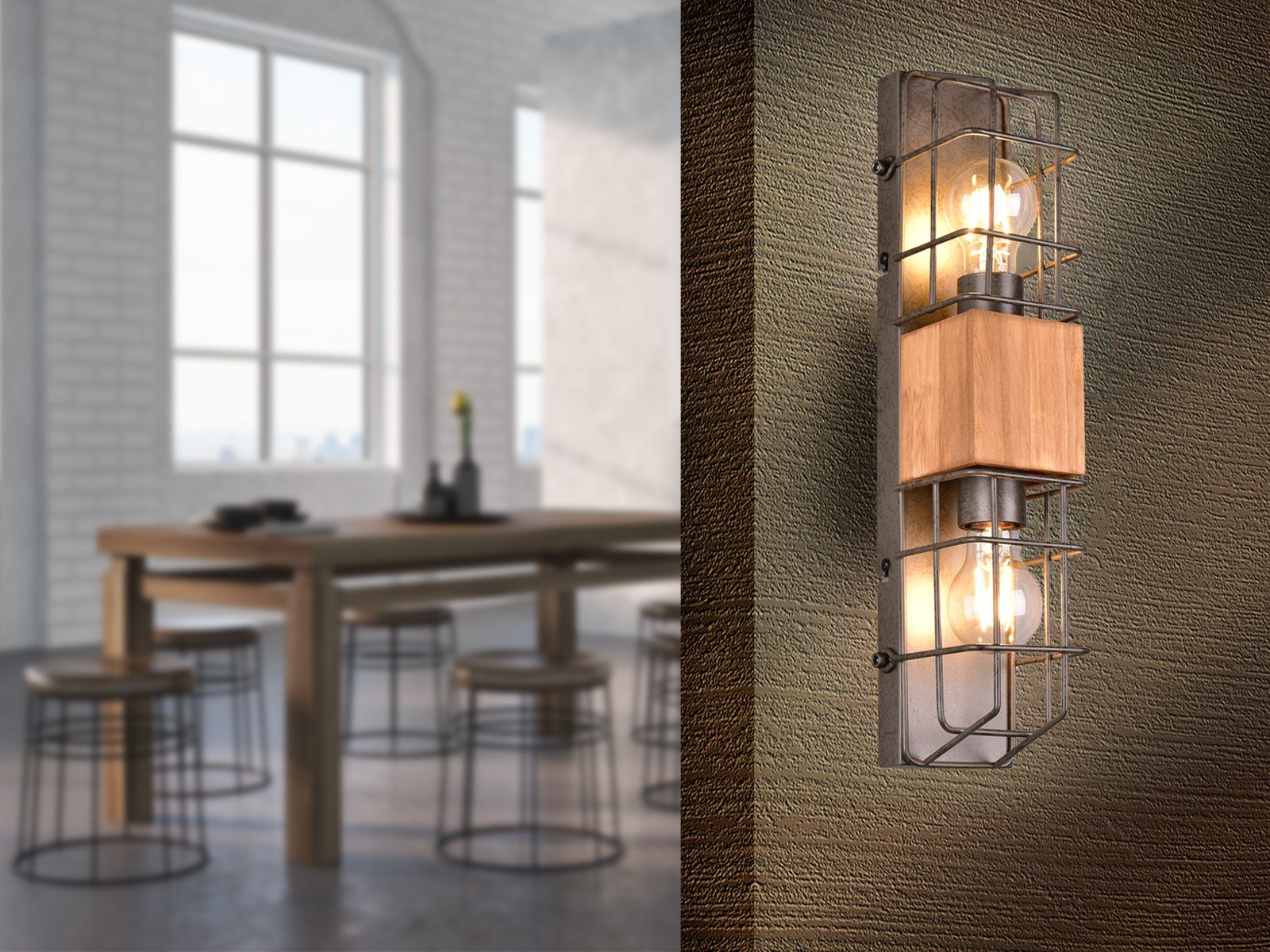 meineWunschleuchte Wandleuchte, ohne Leuchtmittel, große Industrial Innen Wand-Beleuchtung mit Gitter und Holz, Höhe 45cm