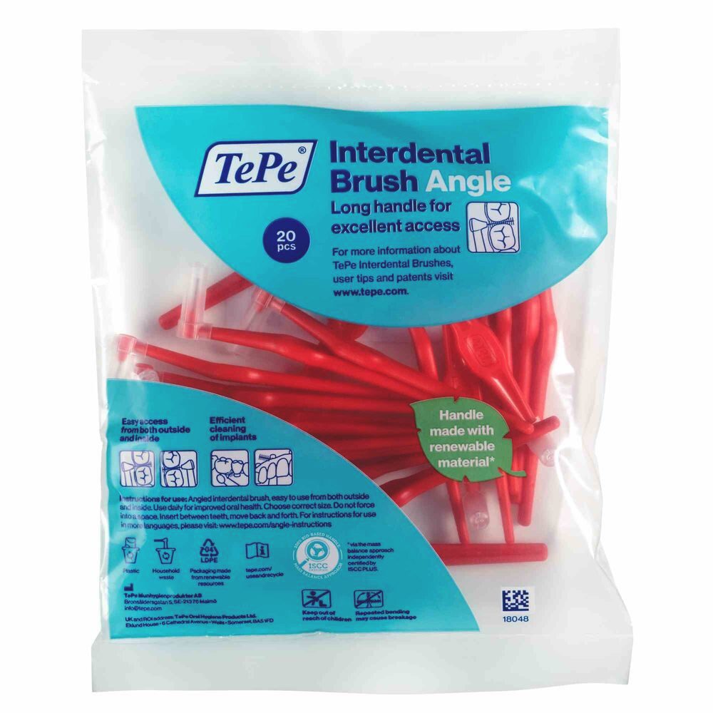 TePe Interdentalbürsten Angle Rot 0,5 mm, ISO-2 20-Pack, Langer, flacher Griff